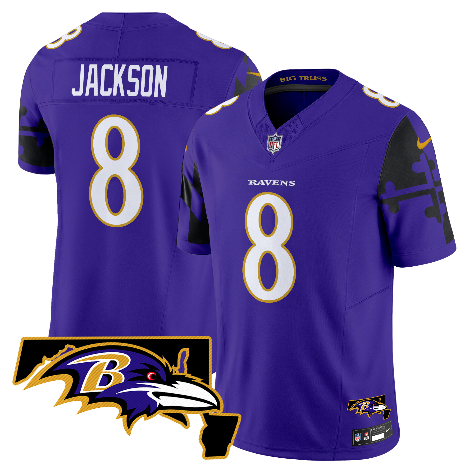 Men's Lamar Jackson Baltimore Ravens Maryland Flag Map Patch Vapor Limited Purple Jersey - All Stitched