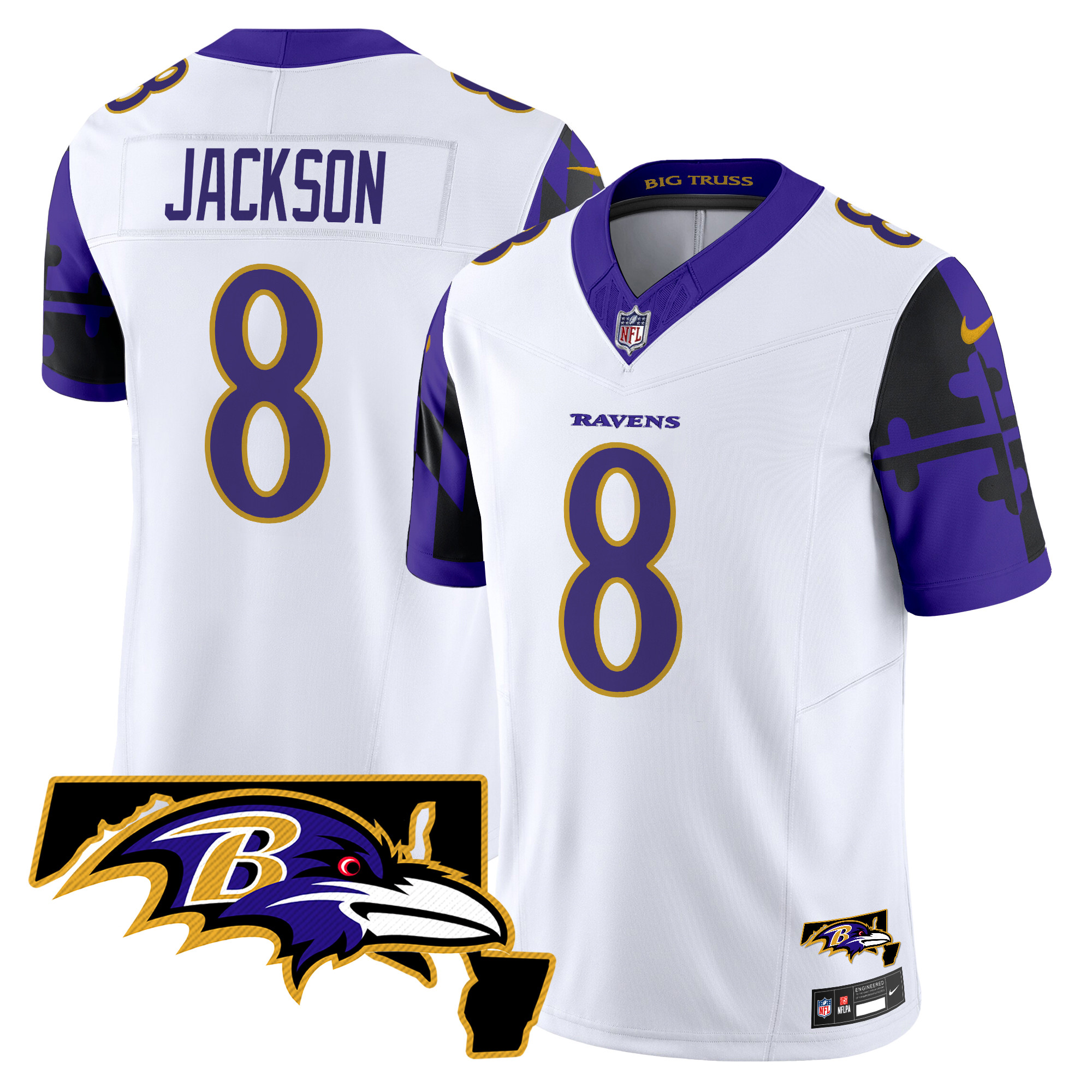 Men's Lamar Jackson Baltimore Ravens Maryland Flag Map Patch Vapor Limited White Jersey - All Stitched