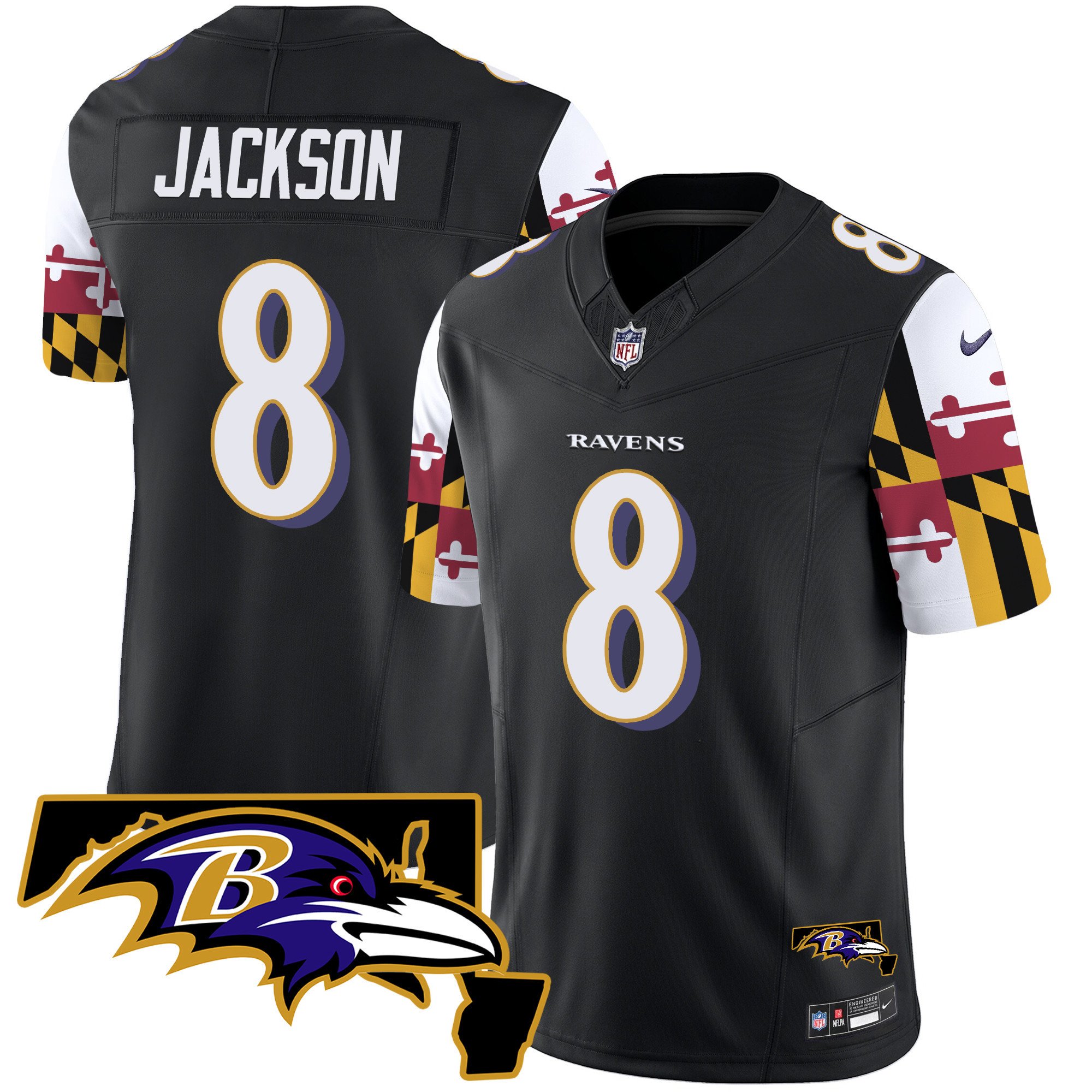 Men's Lamar Jackson Baltimore Ravens Maryland Flag Vapor Limited Black Jersey V2 - All Stitched