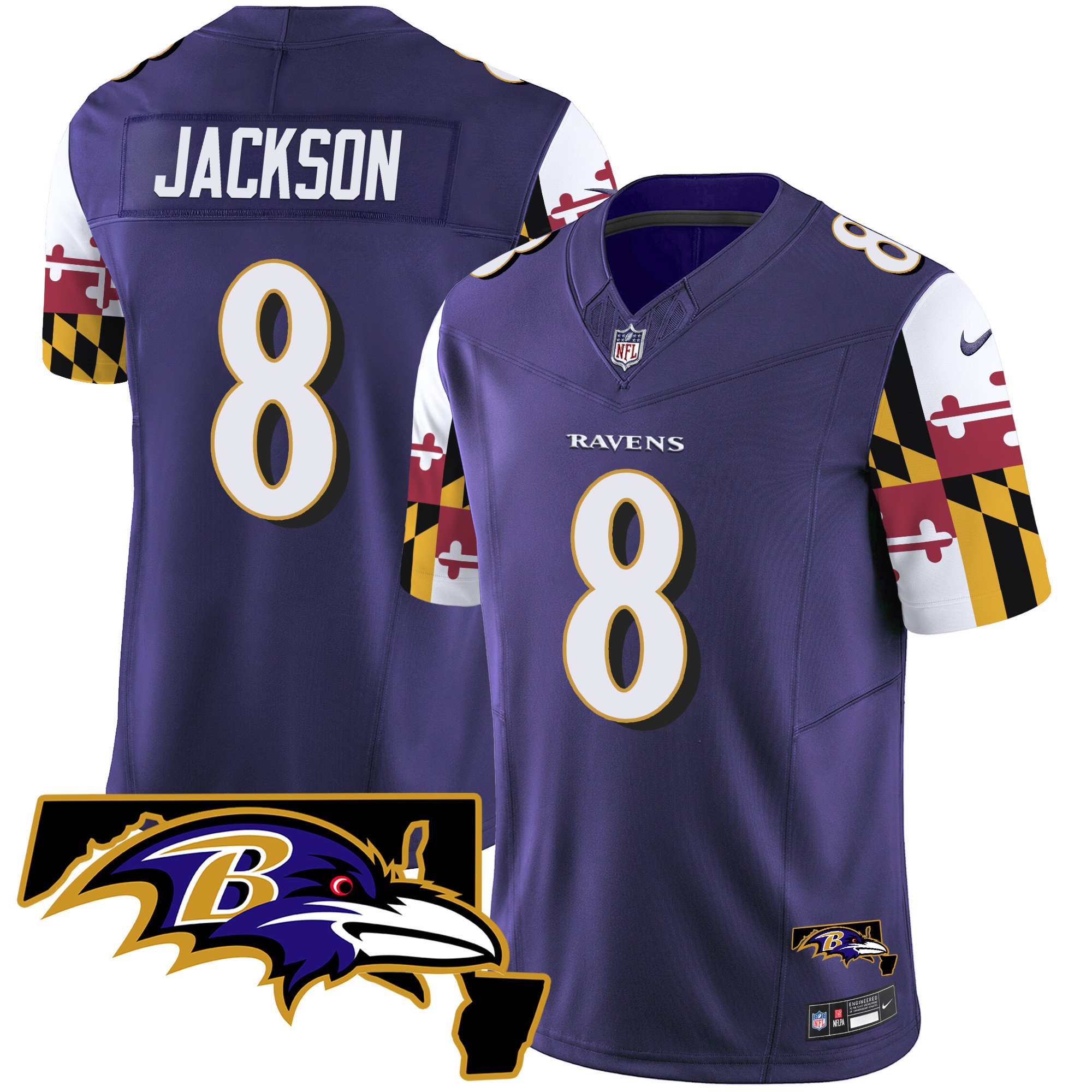Men's Lamar Jackson Baltimore Ravens Maryland Flag Vapor Limited Purple Jersey V2 - All Stitched