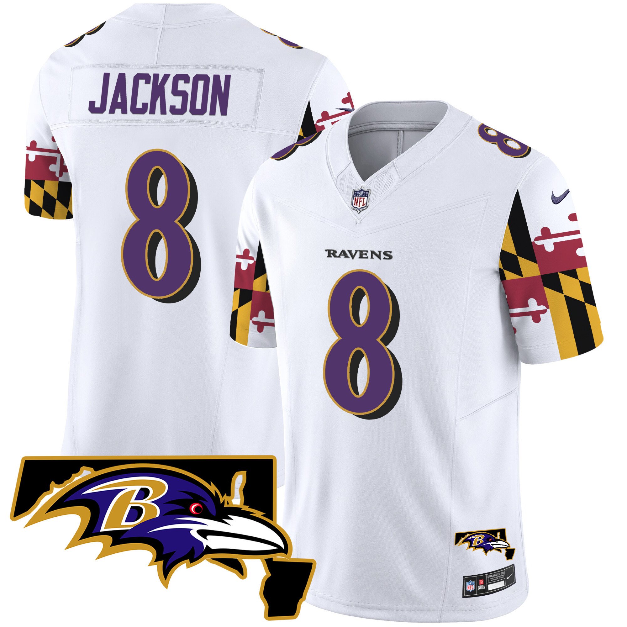 Men's Lamar Jackson Baltimore Ravens Maryland Flag Vapor Limited White Jersey V2 - All Stitched