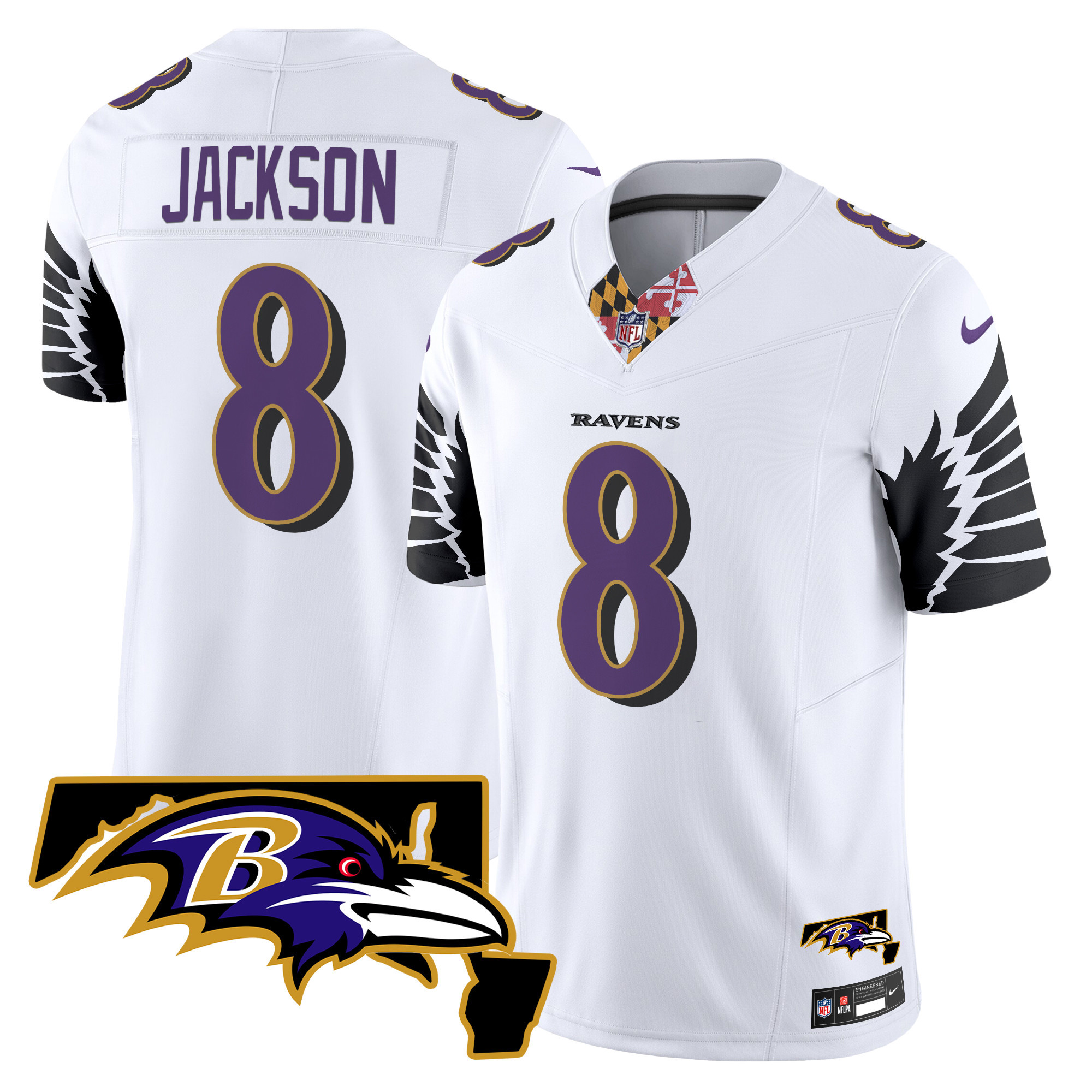 Men's Lamar Jackson Baltimore Ravens Maryland Patch Vapor Limited White Jersey - All Stitched