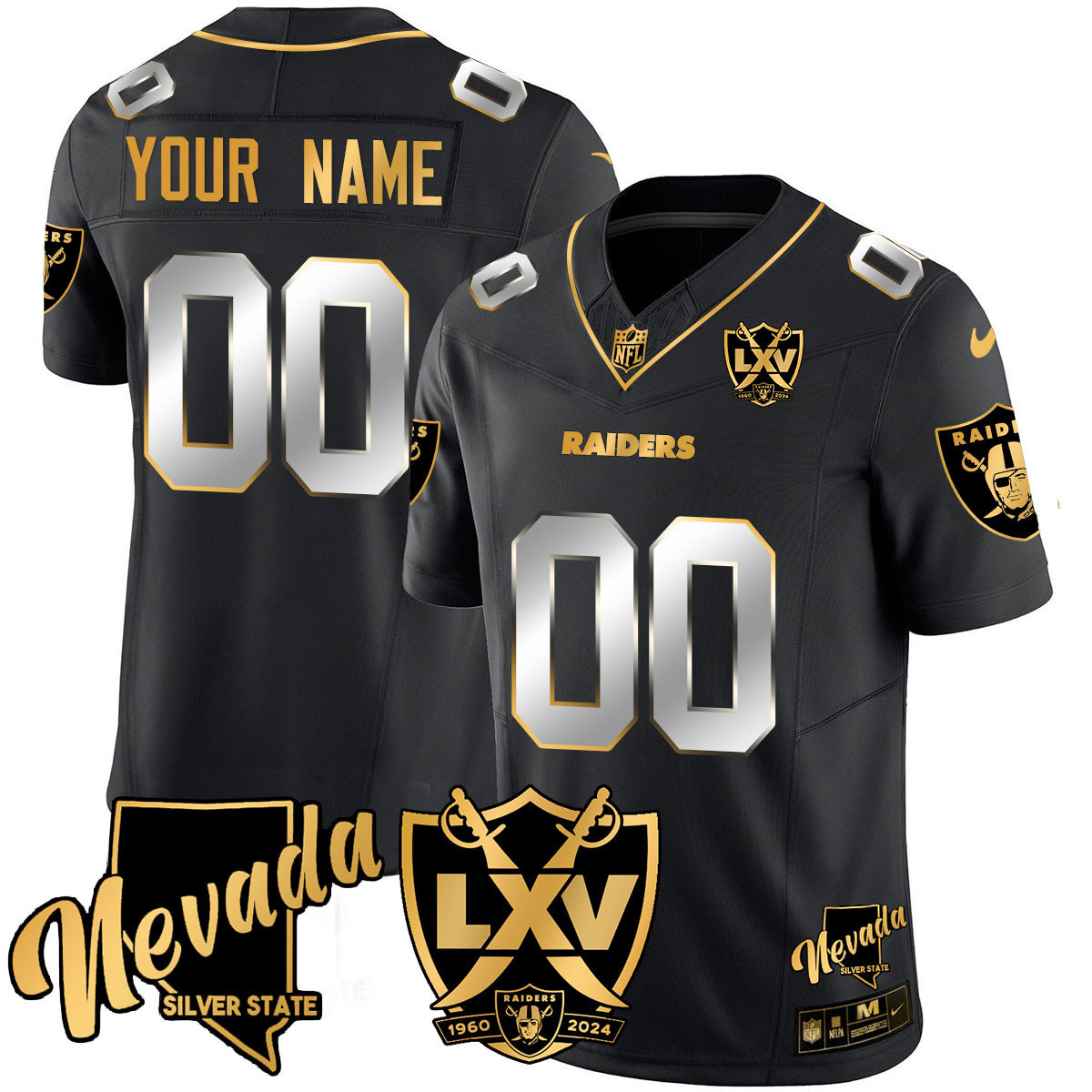 Men's Las Vegas Raiders 2024 Gold Vapor Limited Custom Black Limited Jersey - 65th Anniversary - All Stitched