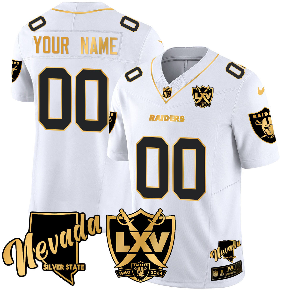 Men's Las Vegas Raiders 2024 Gold Vapor Limited Custom White Gold Jersey - 65th Anniversary - All Stitched