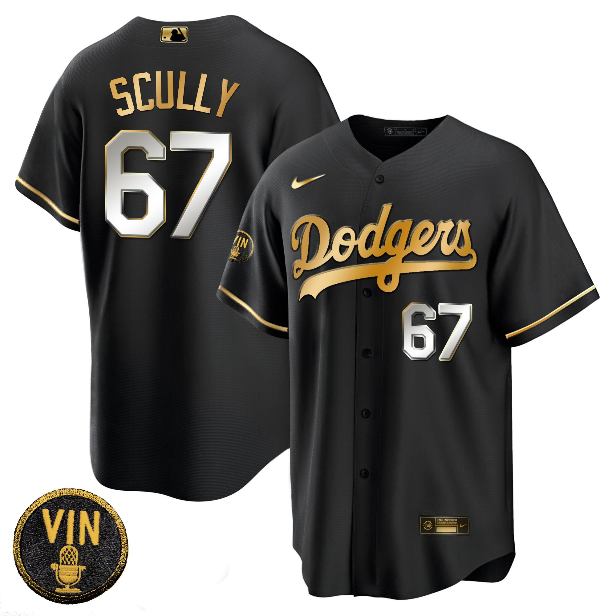 Men's Los Angeles Dodgers Black Limited Vin Scully Patch Gold Cool Black Limited Jersey - All Stitched
