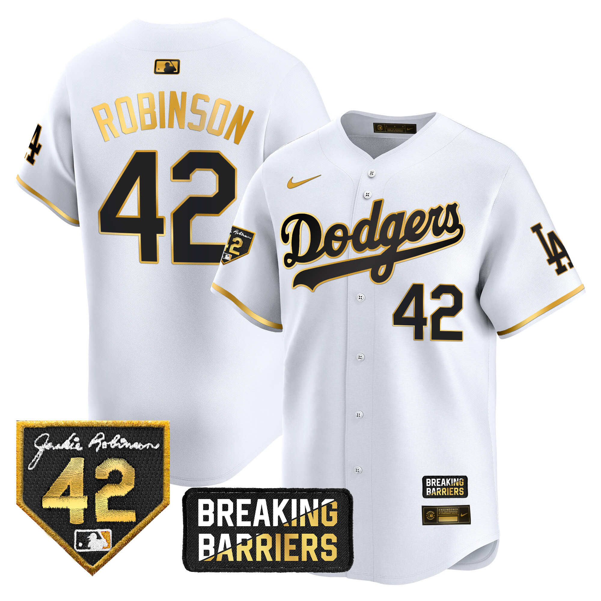 Men's Los Angeles Dodgers Jackie Robinson Breaking Barriers Patch Vapor Premier Limited White Gold Jersey - All Stitched