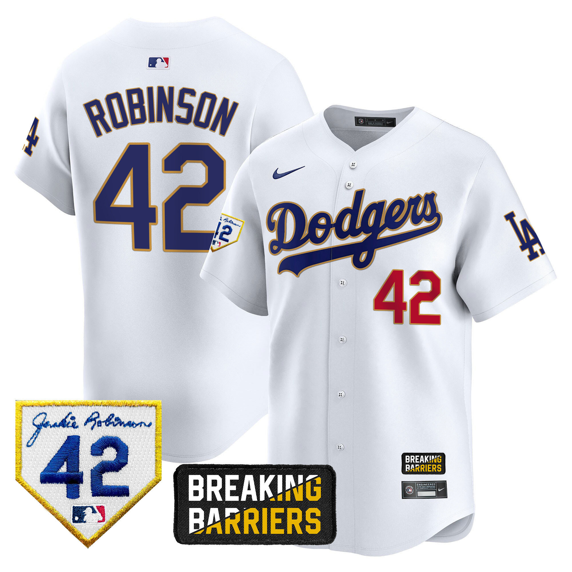 Men's Los Angeles Dodgers Jackie Robinson Breaking Barriers Patch Vapor Premier Limited White Jersey - All Stitched