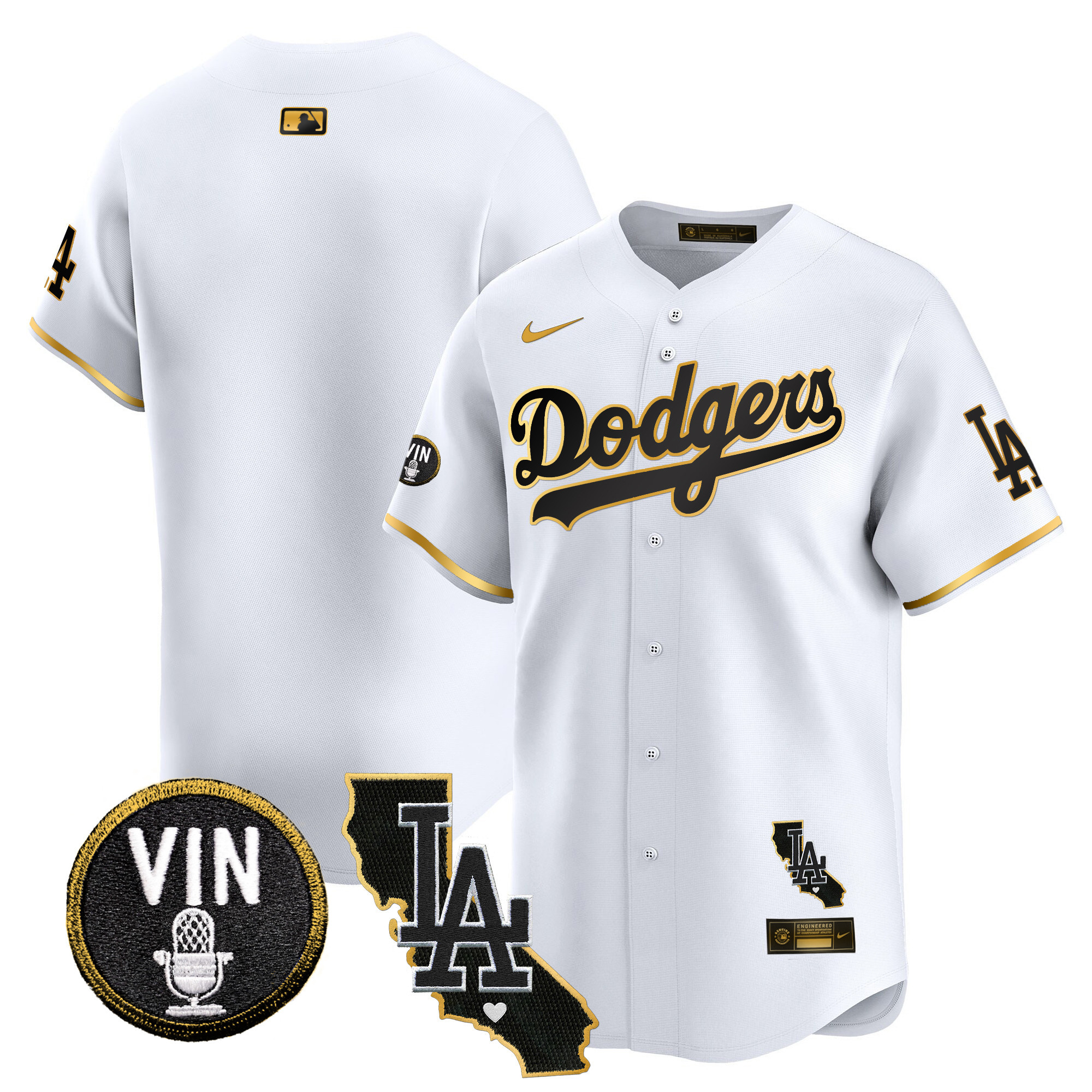 Men's Los Angeles Dodgers Vin & California Patch Gold Trim Vapor Premier Limited White Gold Jersey - All Stitched