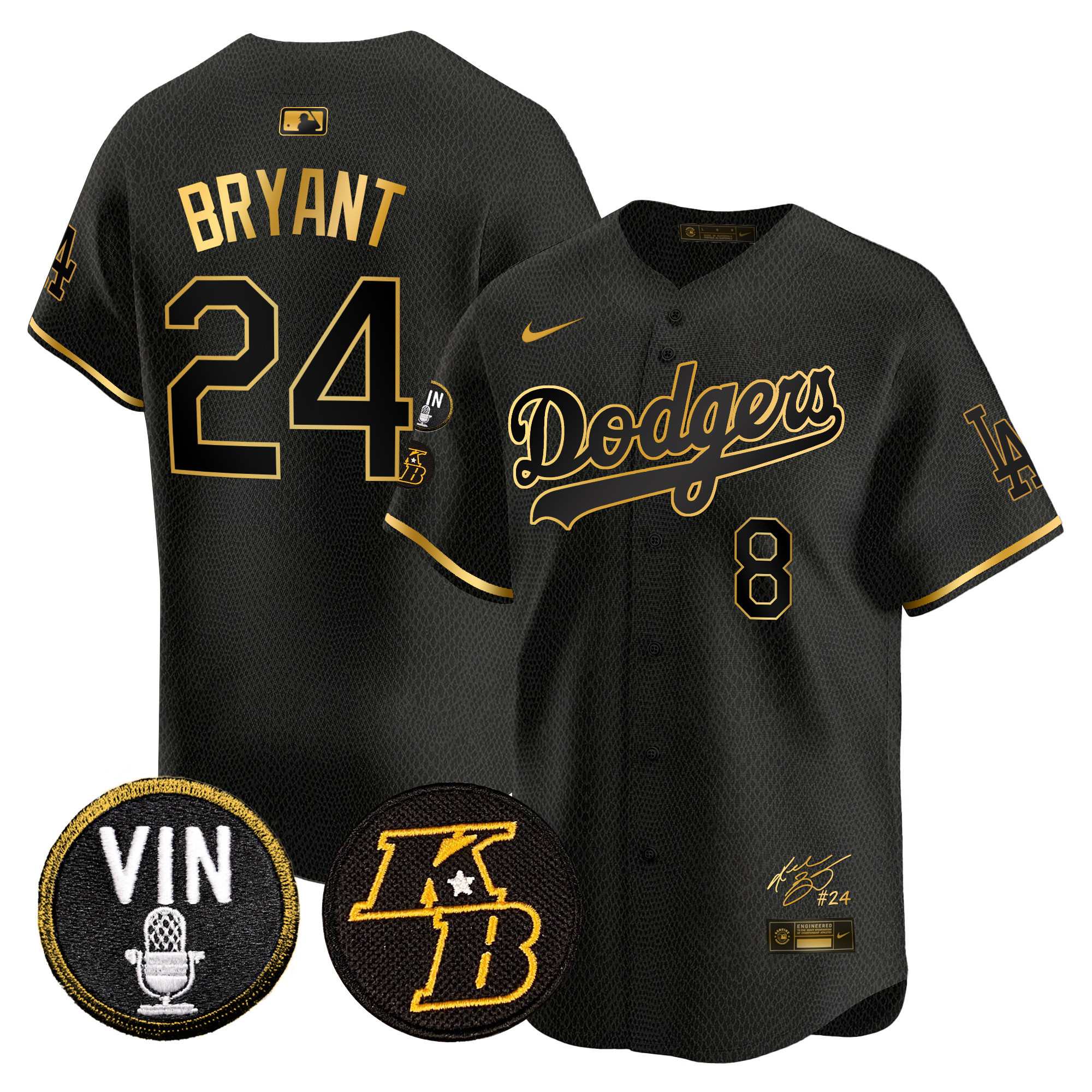 Men's Los Angeles Dodgers Vin Patch & Kobe Bryant Signature Vapor Premier Limited Mamba Gold Jersey - All Stitched