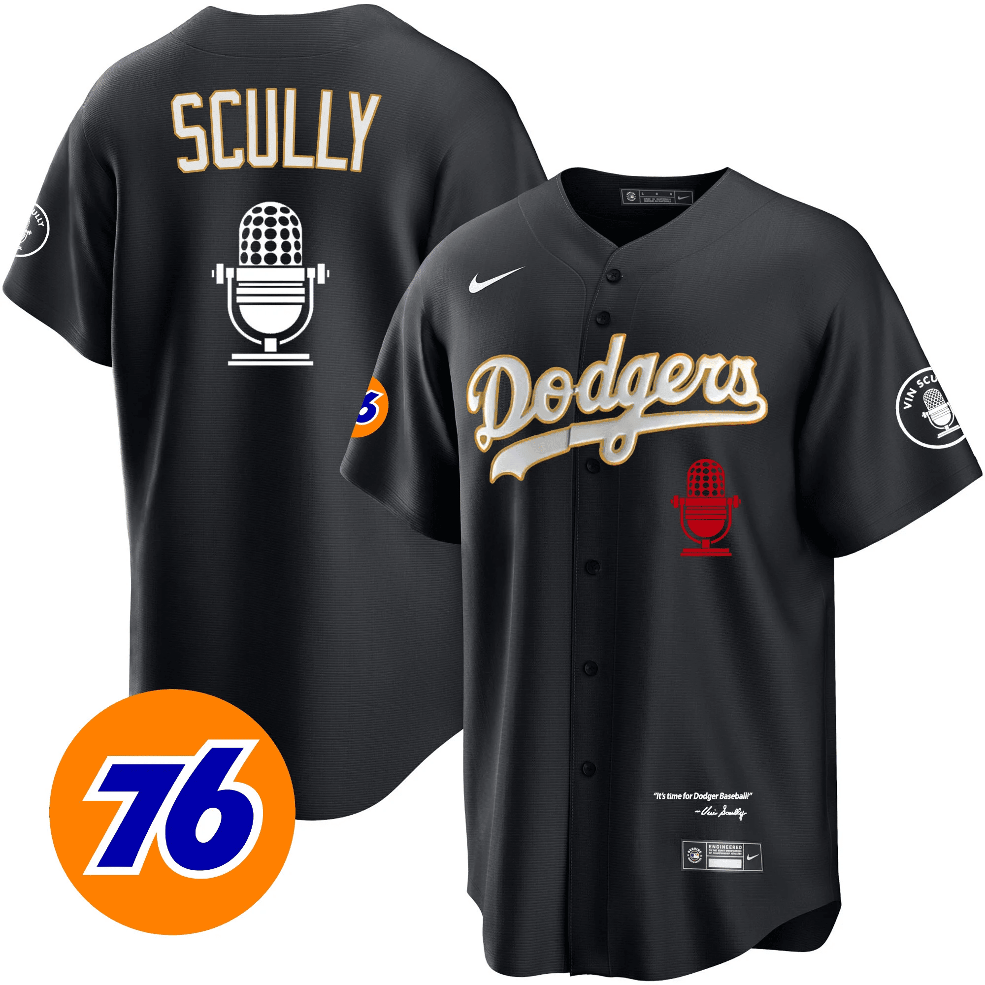 Men's Los Angeles Dodgers Vin Scully 76 Patch Gold Trim Cool Black Jersey - All Stitched