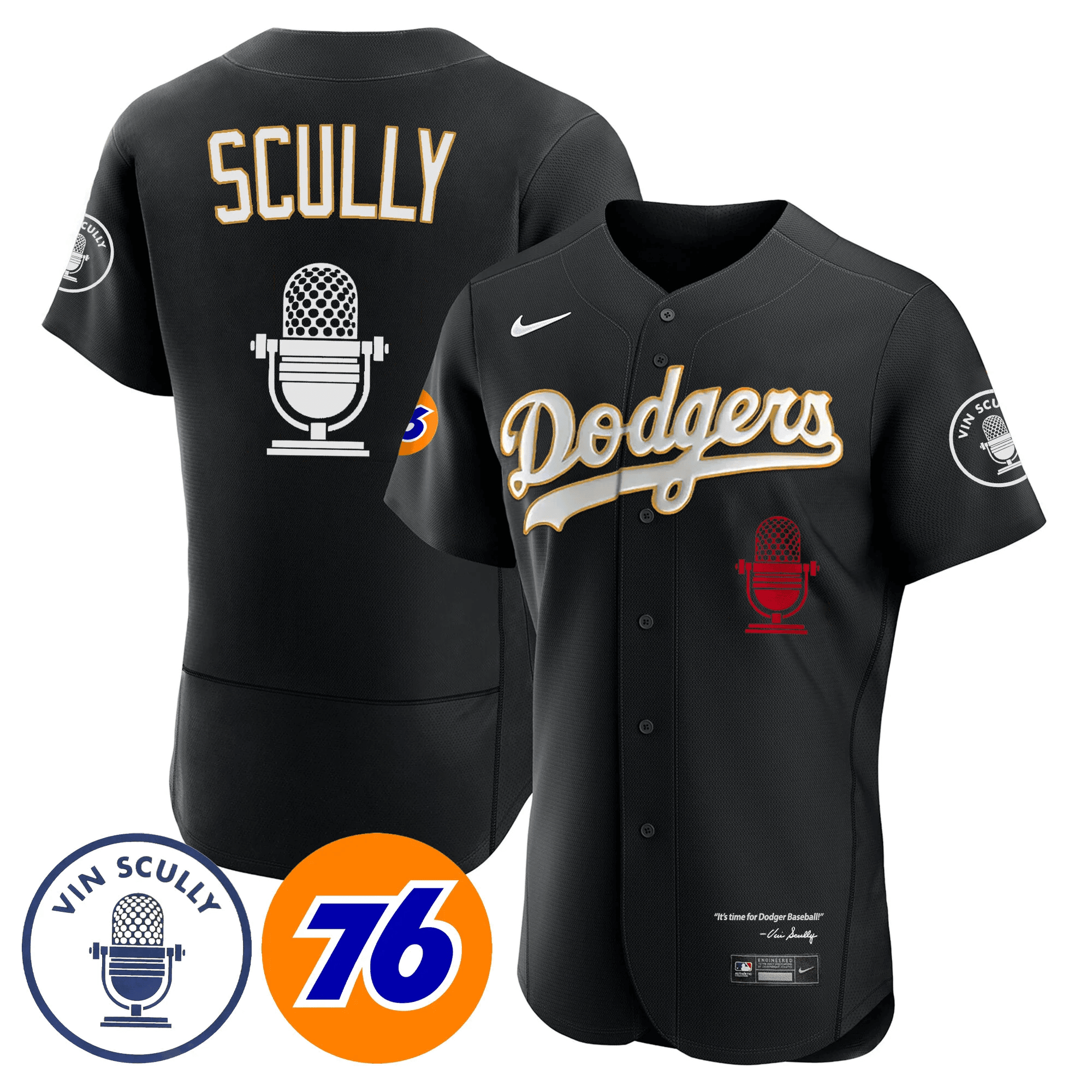 Men's Los Angeles Dodgers Vin Scully 76 Patch Gold Trim Flex Black Jersey - All Stitched