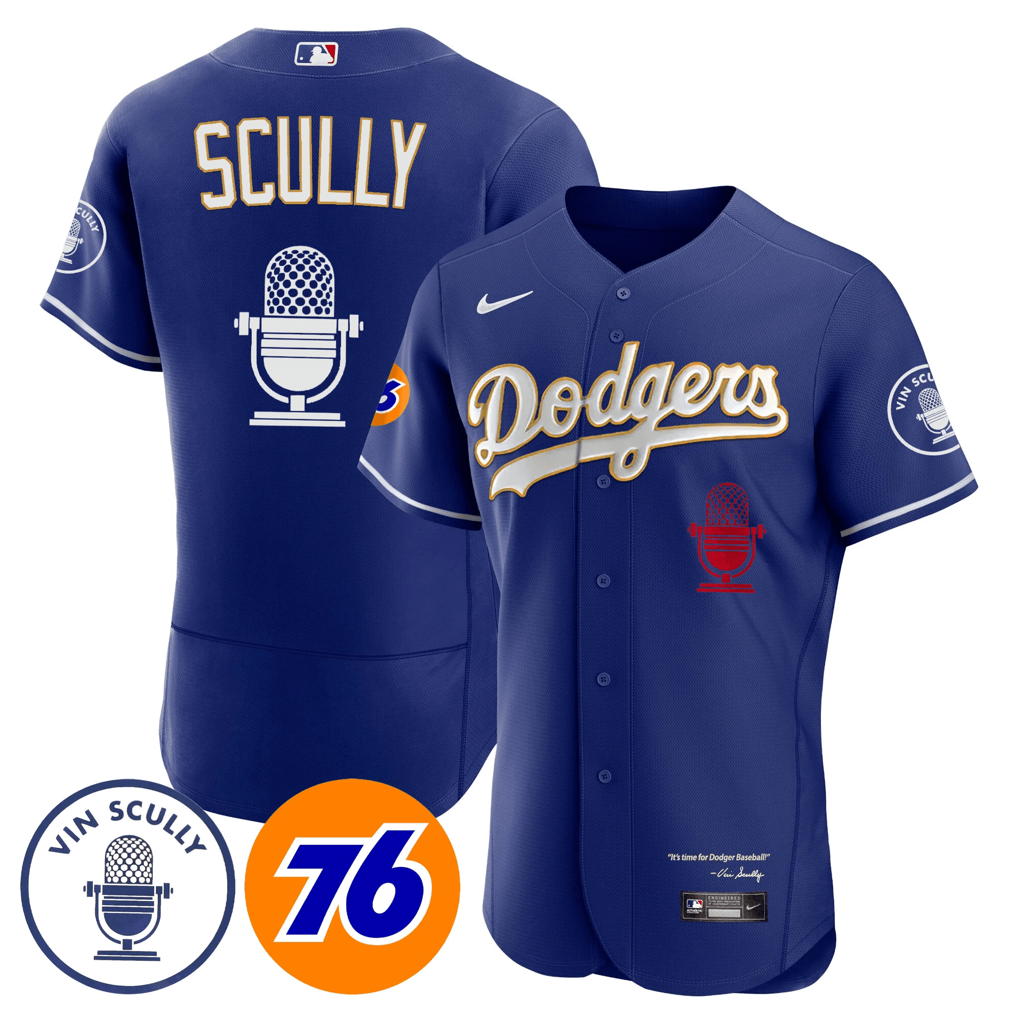 Men's Los Angeles Dodgers Vin Scully 76 Patch Gold Trim Flex Royal Jersey - All Stitched