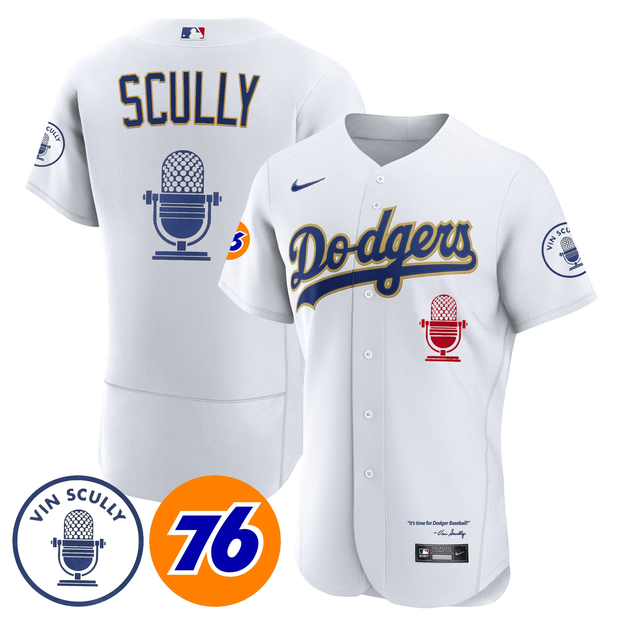 Men's Los Angeles Dodgers Vin Scully 76 Patch Gold Trim Flex White Jersey - All Stitched
