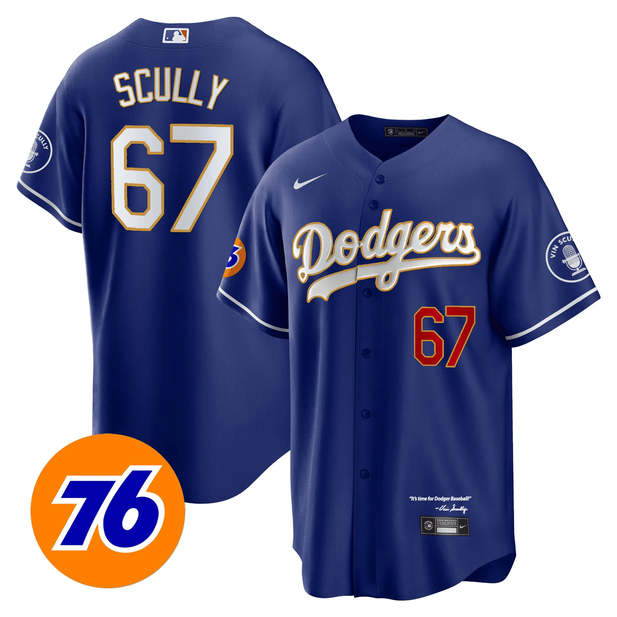 Men's Los Angeles Dodgers Vin Scully 76 Patch Gold Trim Player Cool Royal Jersey - All Stitched