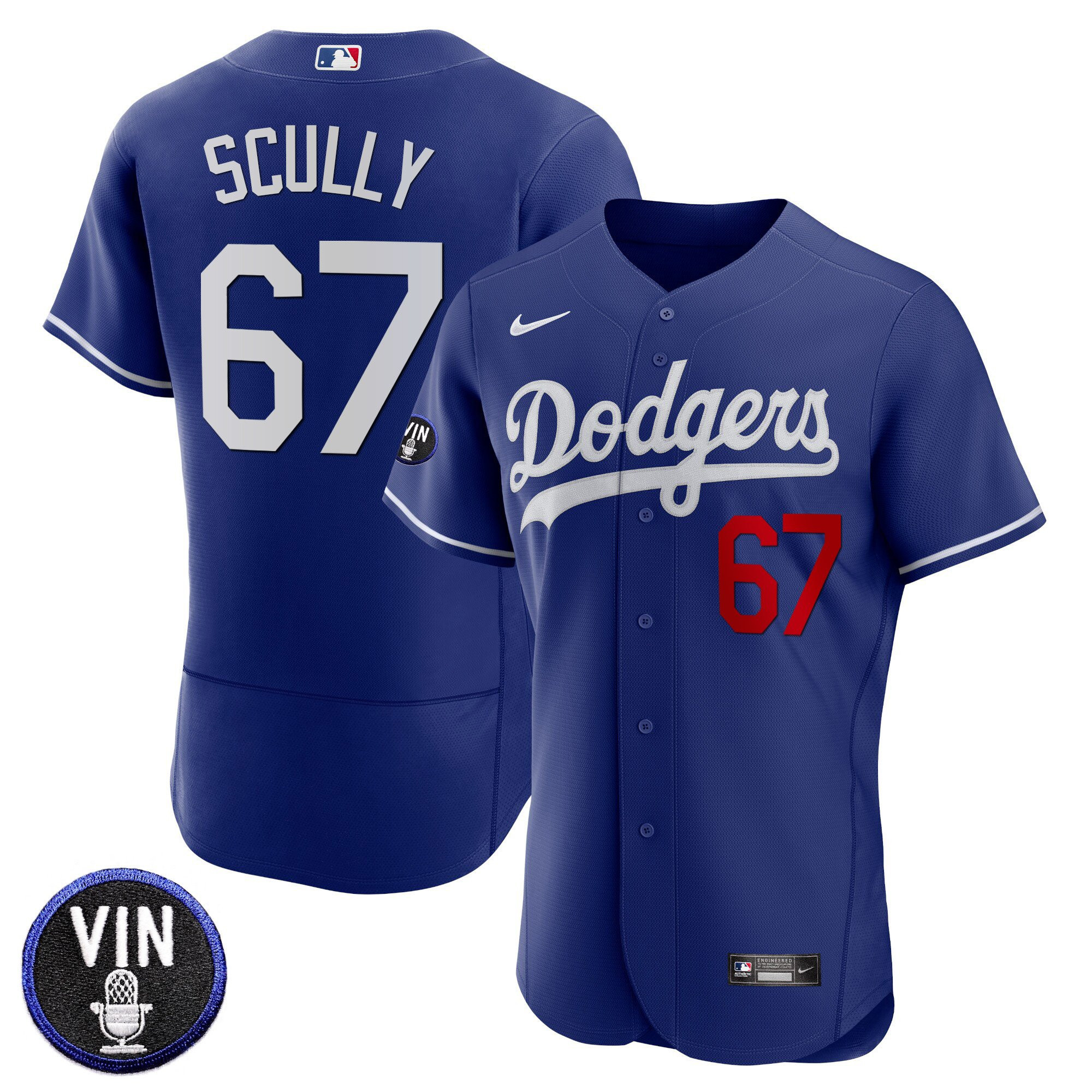 Men's Los Angeles Dodgers Vin Scully Patch Flex Base Royal Jersey - All Stitched