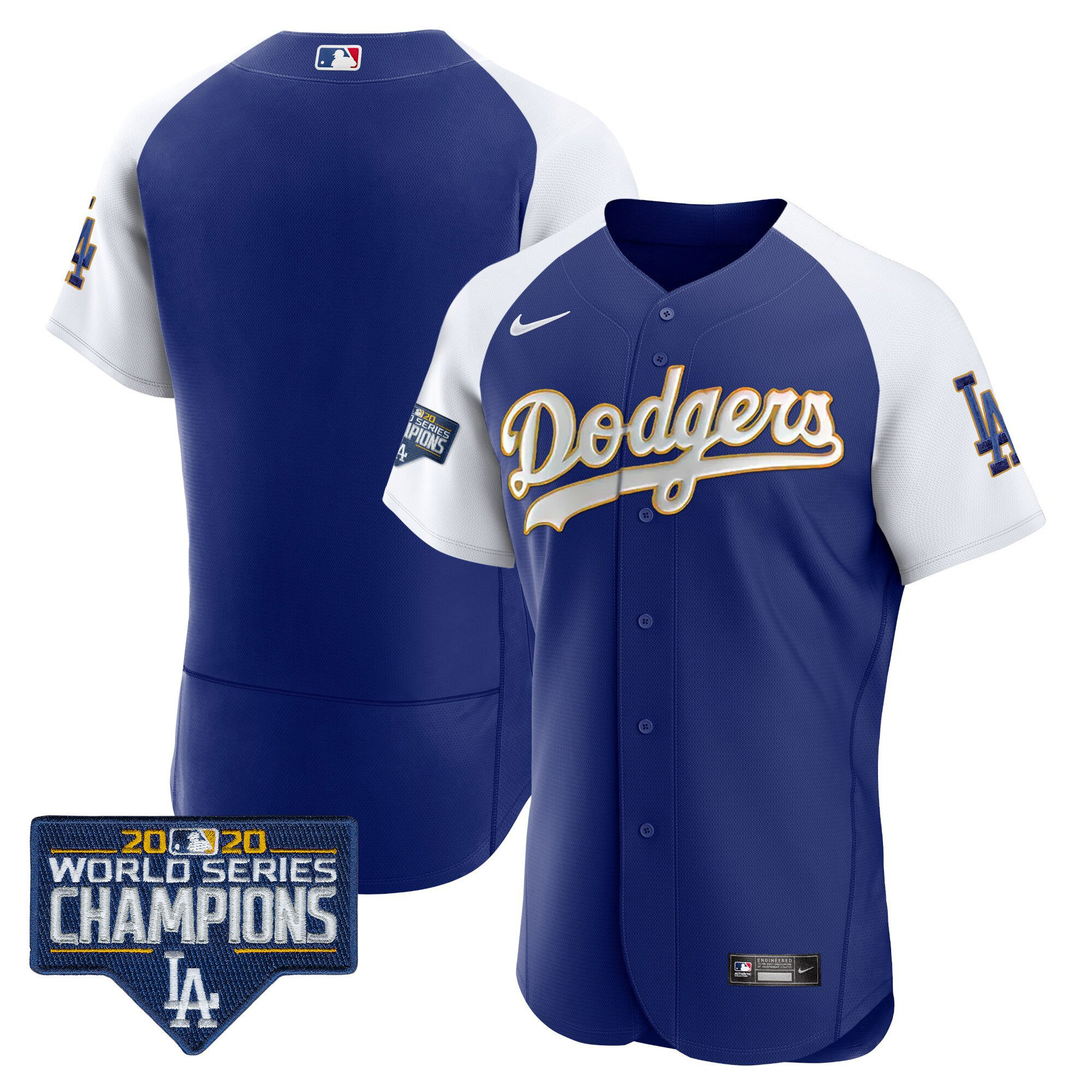 Men's Los Angeles Dodgers World Series Champions Patch Flex Base Gold Trim Alternate Royal Jersey - All Stitched