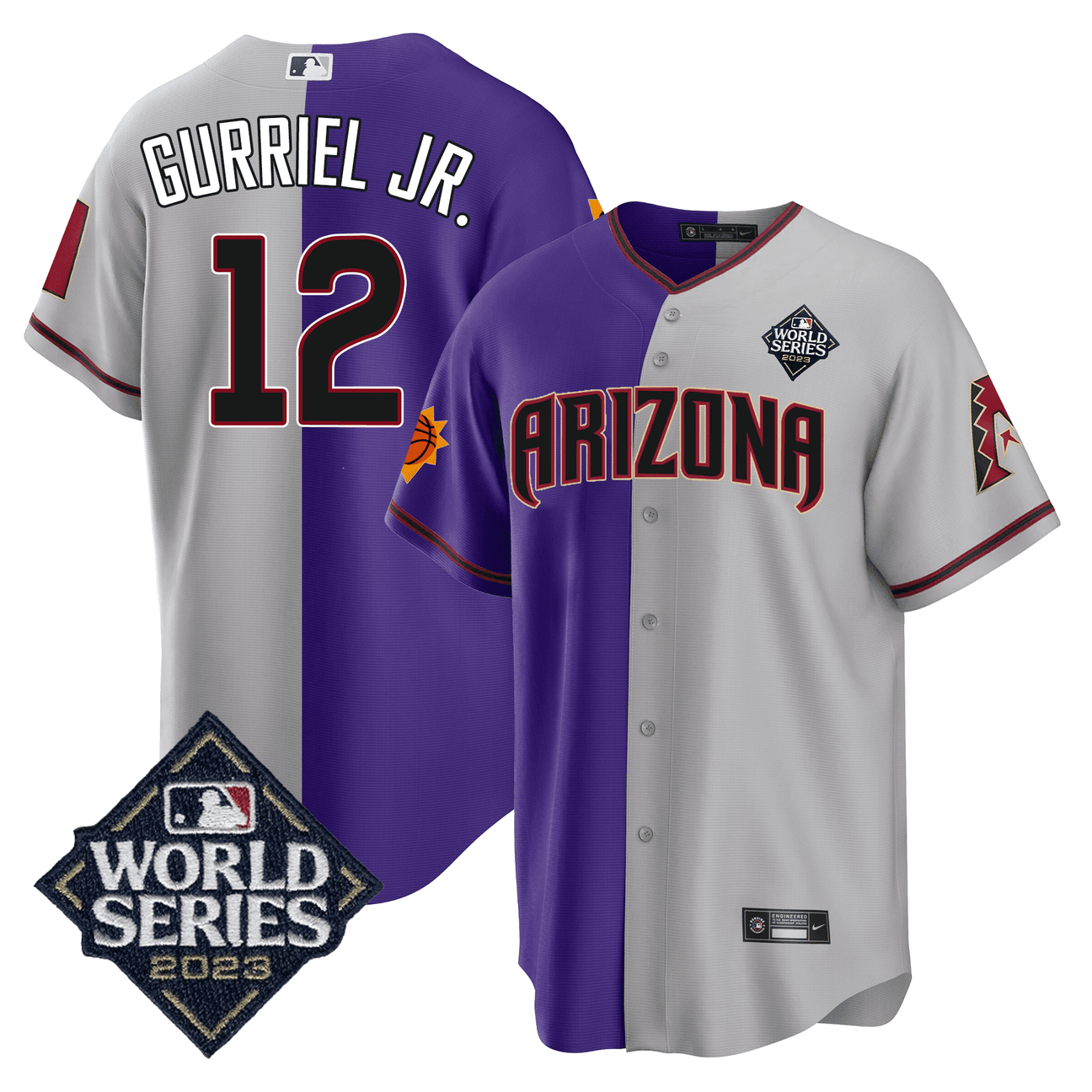 Men's Lourdes Gurriel Jr. Split Arizona Dbacks - Suns 2023 World Series Patch Jersey - All Stitched - Grey Purple