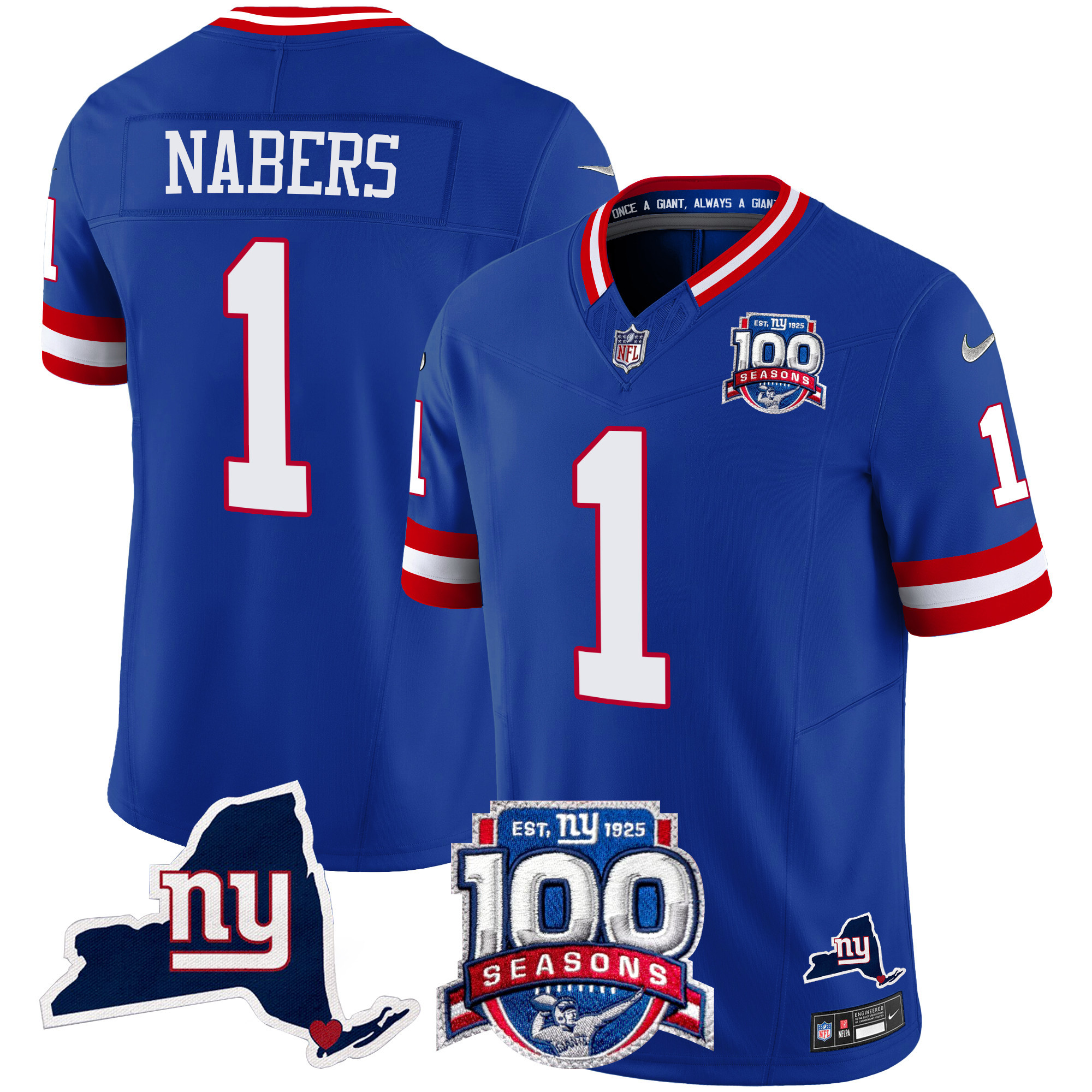 Men's Malik Nabers New York Giants 100th Season & State Patch Vapor Limited Royal Jersey - All Stitched