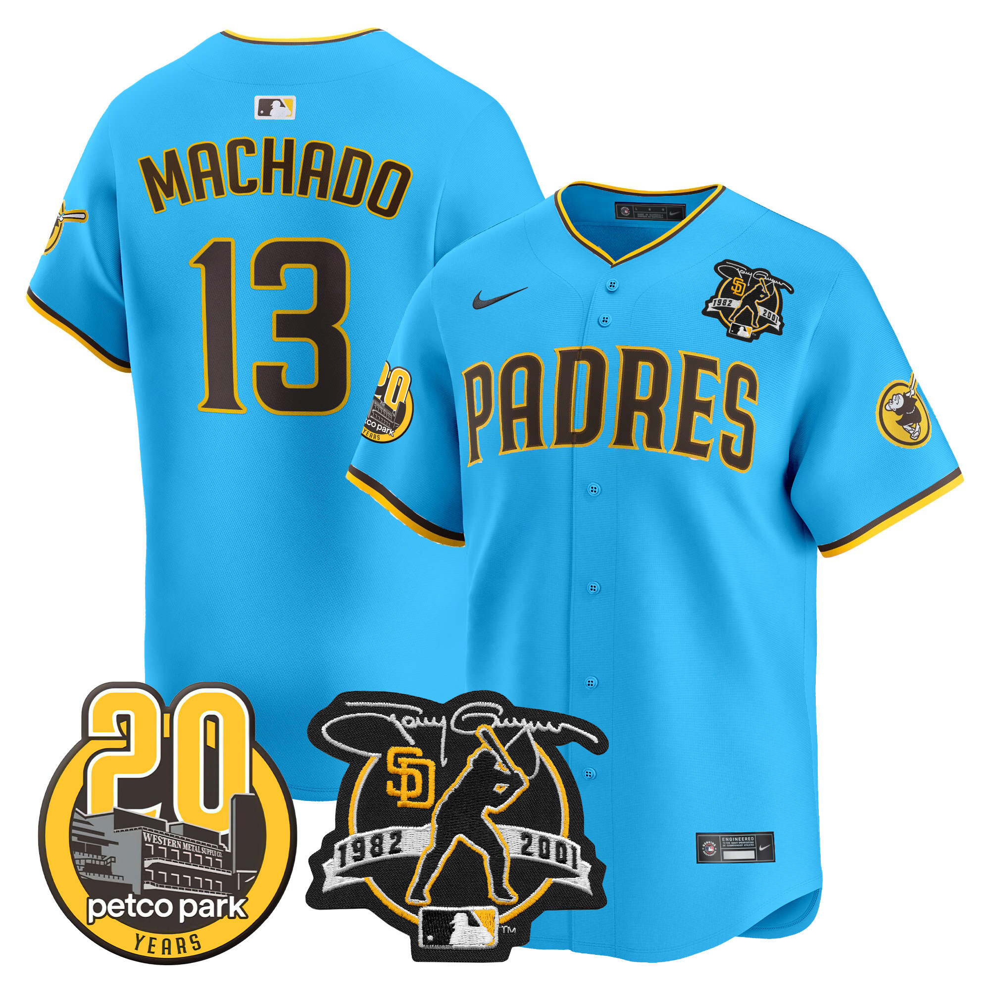 Men's Manny Machado San Diego Padres Tony Gwynn & Petco Park 20th Patch Vapor Premier Limited Light Blue Jersey V2 ñ All Stitched