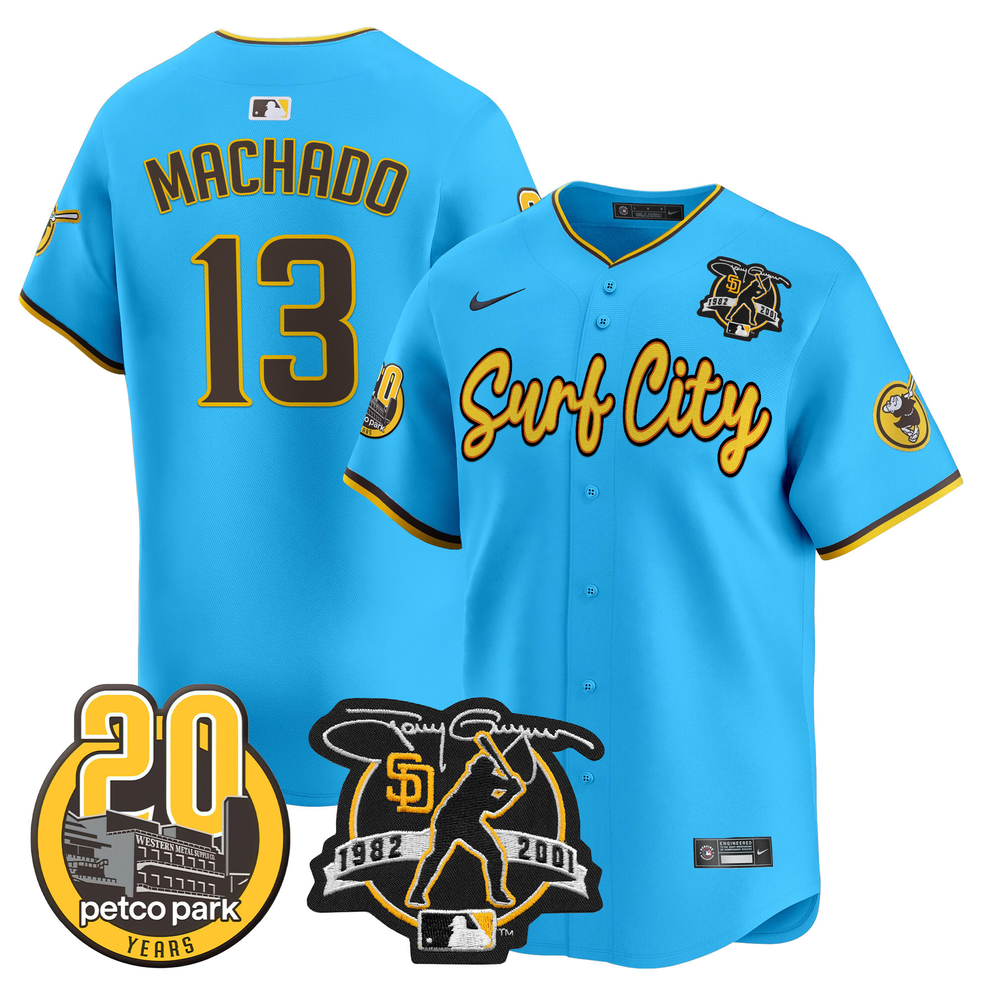 Men's Manny Machado San Diego Padres Tony Gwynn & Petco Park 20th Patch Vapor Premier Limited Light Blue Jersey V3 ñ All Stitched