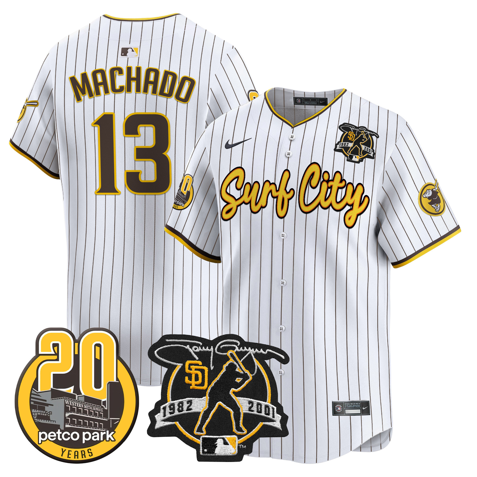 Men's Manny Machado San Diego Padres Tony Gwynn & Petco Park 20th Patch Vapor Premier Limited Pinstripe Jersey V3 ñ All Stitched