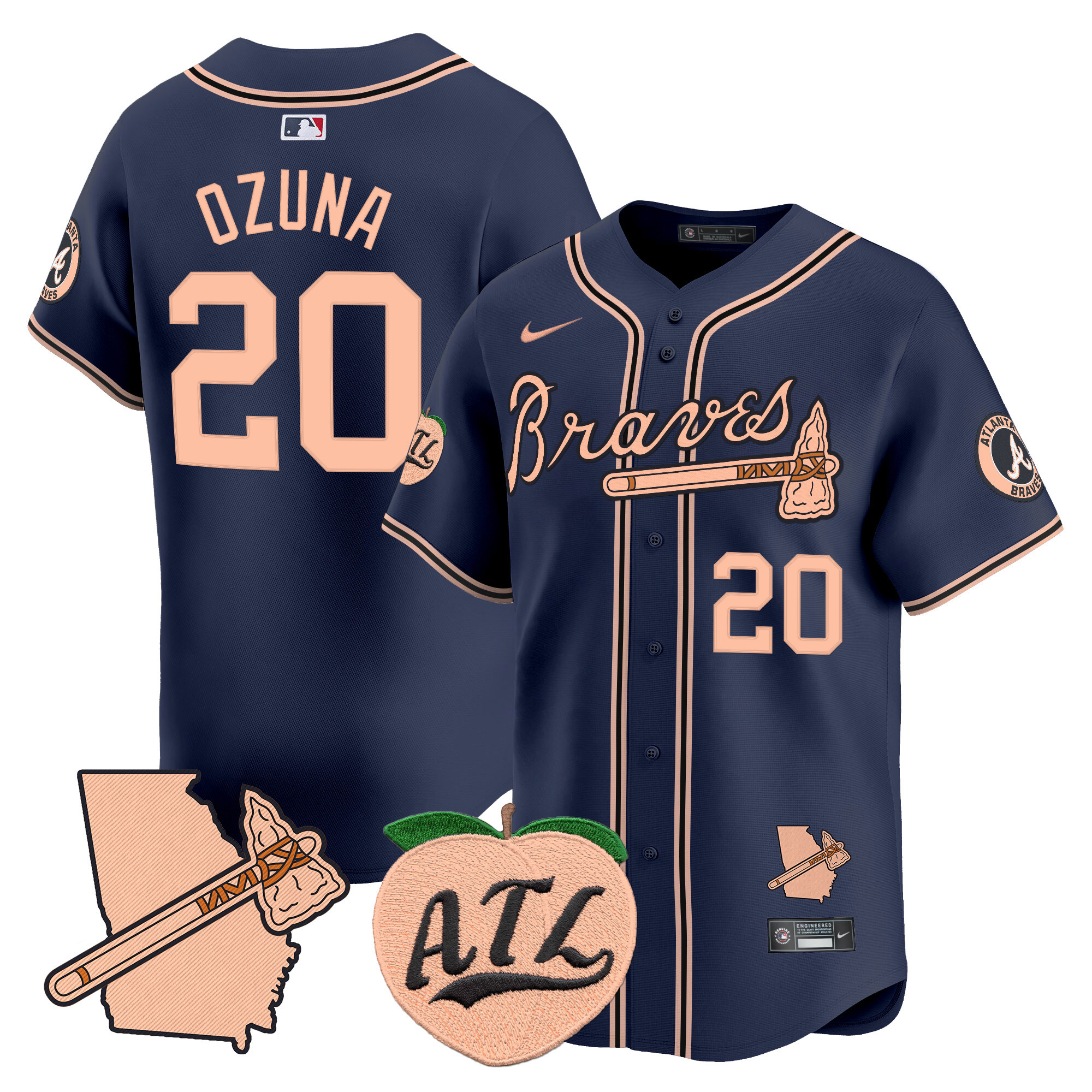 Men's Marcell Ozuna Atlanta Braves Peach Vapor Premier Limited Navy Jersey - All Stitched