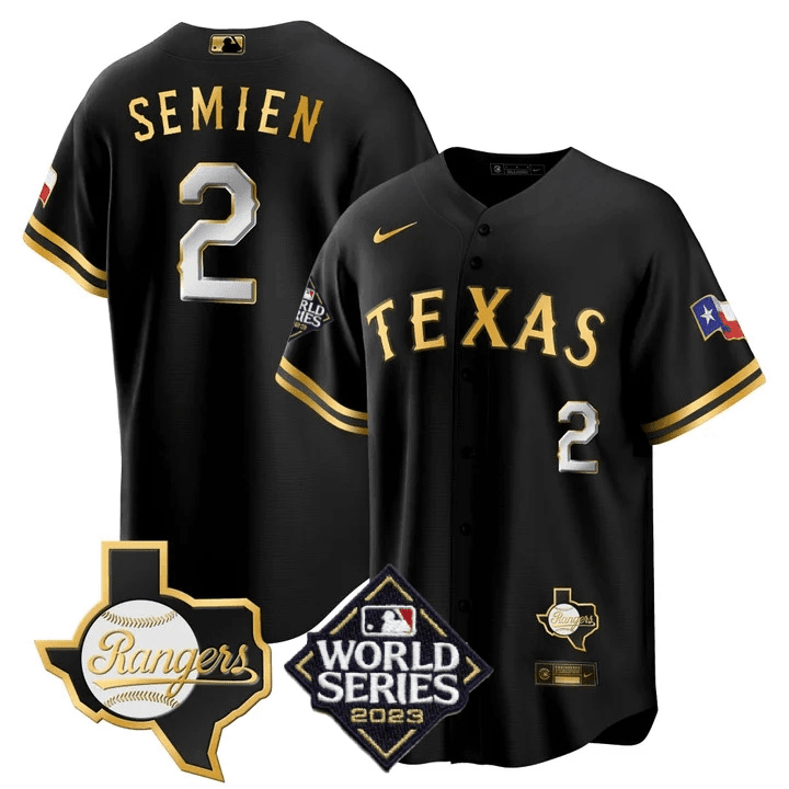 Men's Marcus Semien Texas Rangers 2023 World Series & Texas State Patch Cool Base Gold Black Gold Jersey V2 ñ All Stitched