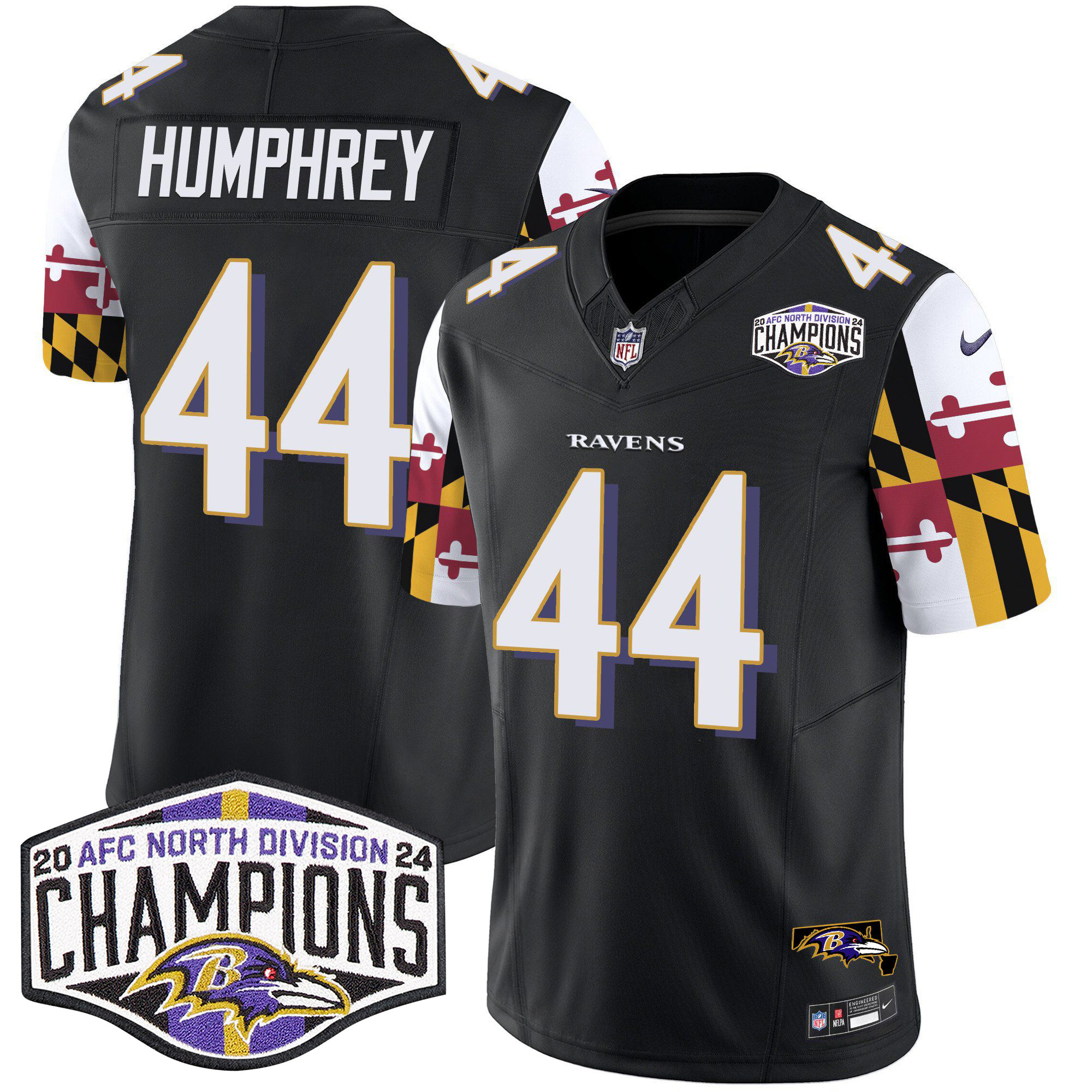 Men's Marlon Humphrey Baltimore Ravens Maryland Flag 2024 AFC North Division Champions Patch Vapor Limited Black Jersey - All Stitched