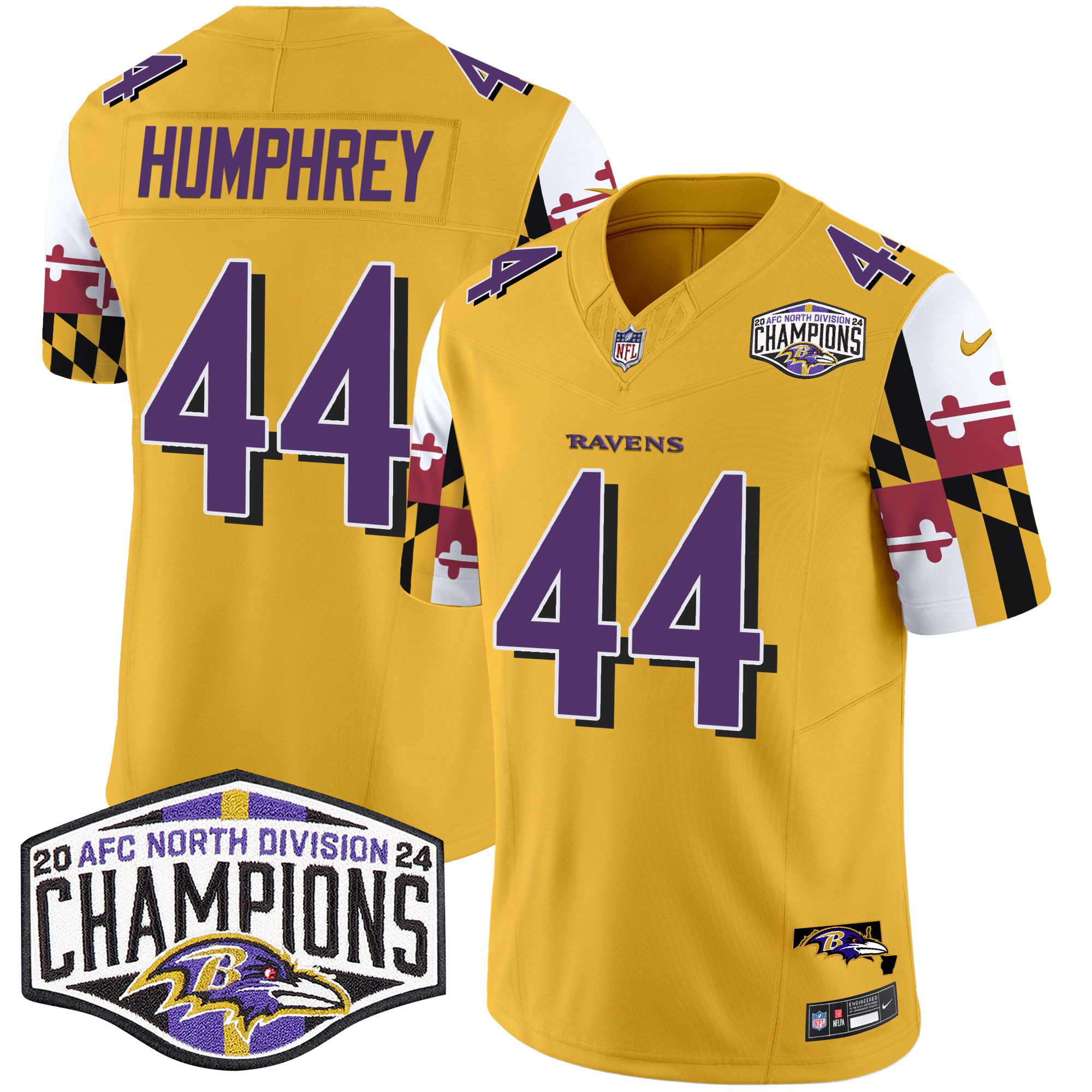 Men's Marlon Humphrey Baltimore Ravens Maryland Flag 2024 AFC North Division Champions Patch Vapor Limited Gold Jersey - All Stitched