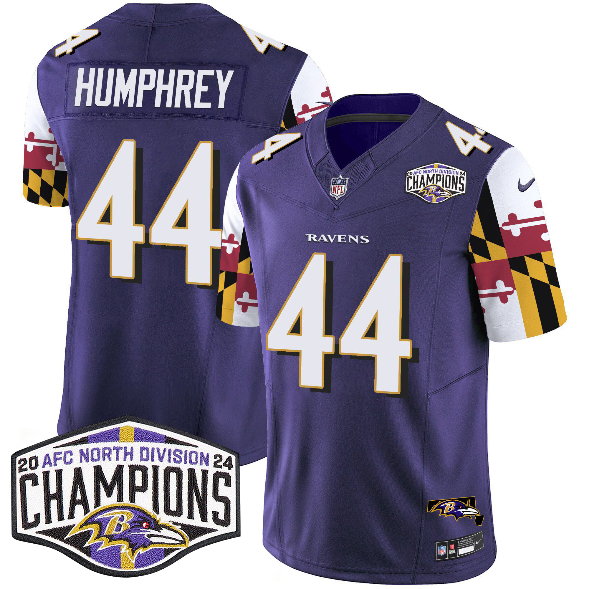 Men's Marlon Humphrey Baltimore Ravens Maryland Flag 2024 AFC North Division Champions Patch Vapor Limited Purple Jersey - All Stitched
