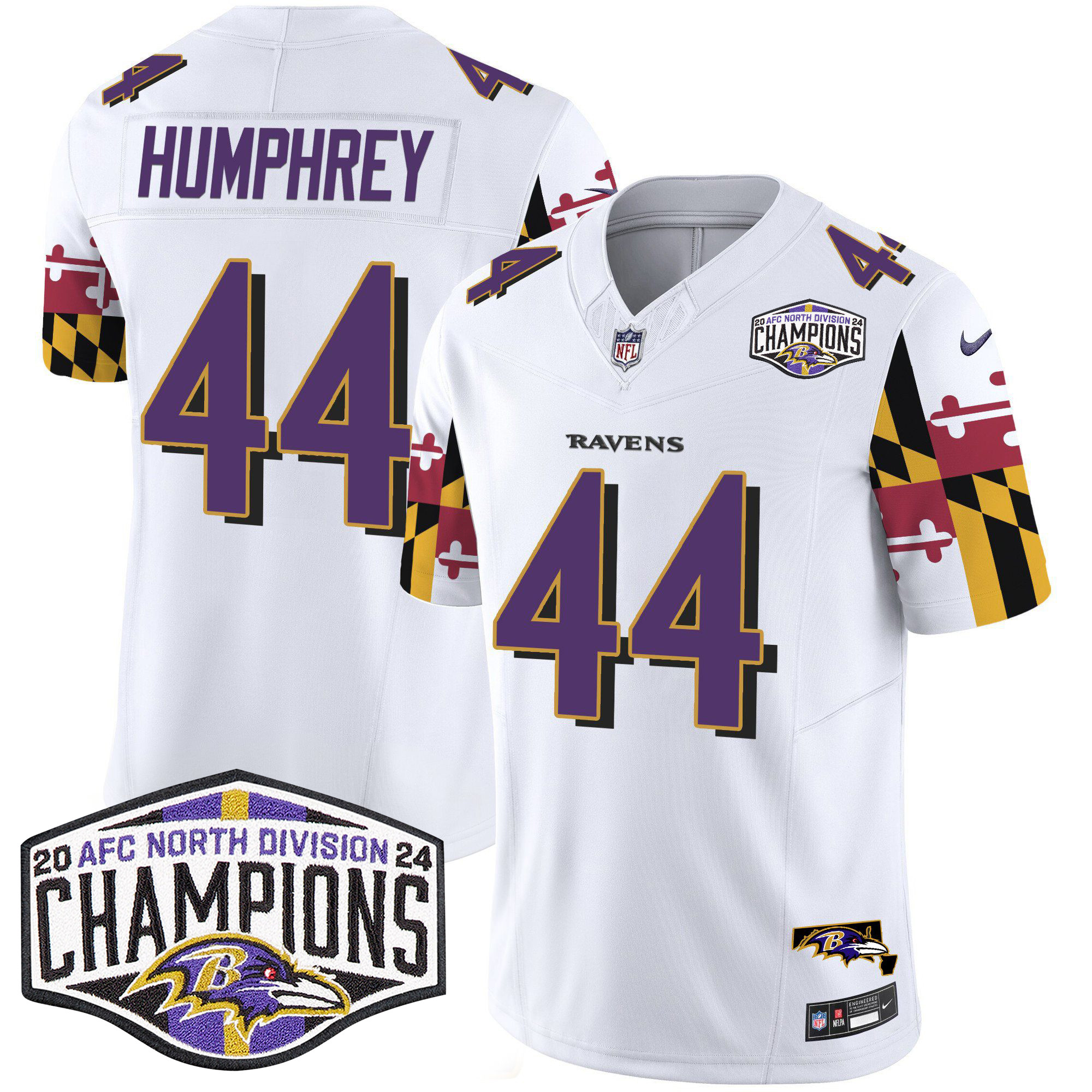 Men's Marlon Humphrey Baltimore Ravens Maryland Flag 2024 AFC North Division Champions Patch Vapor Limited White Jersey - All Stitched