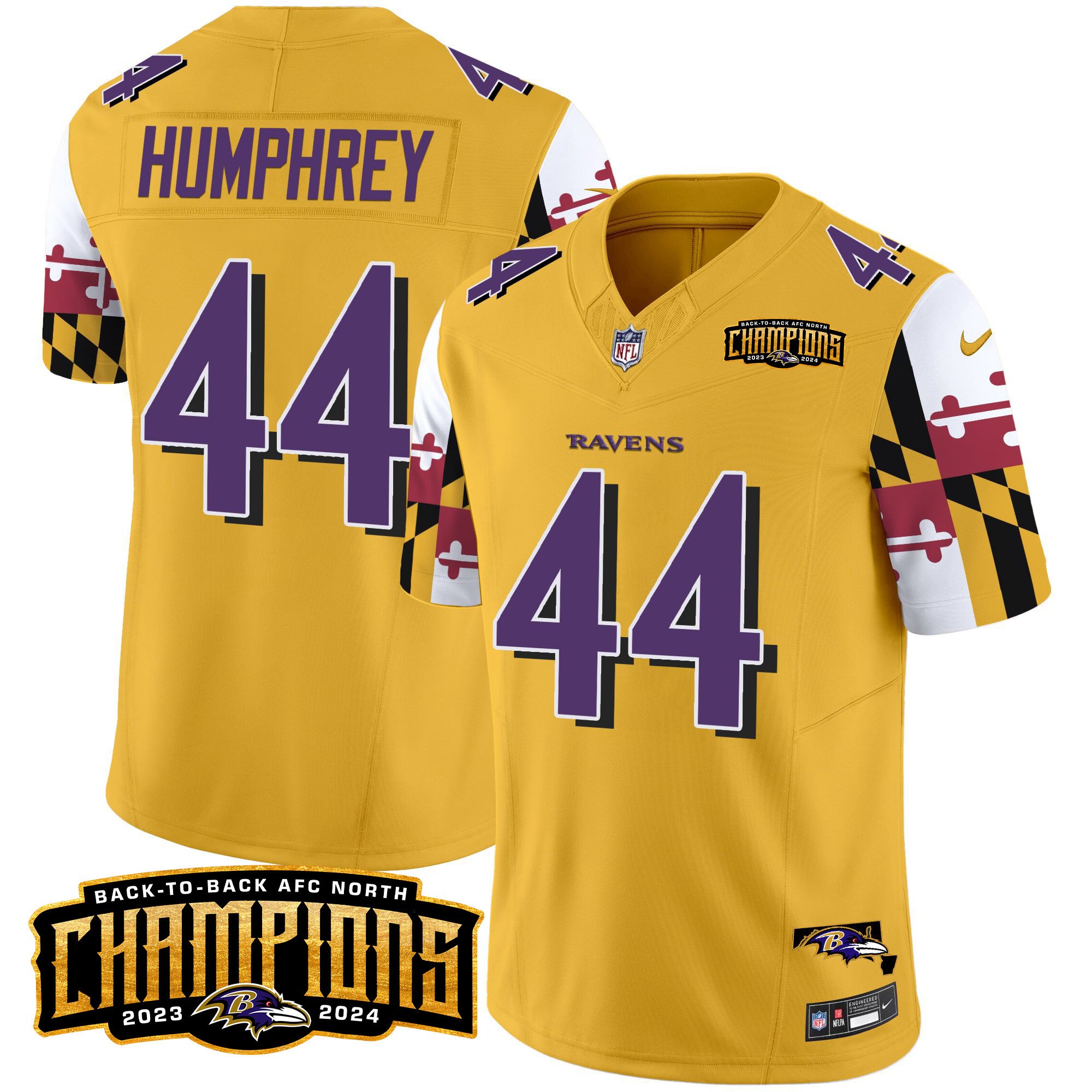 Men's Marlon Humphrey Baltimore Ravens Maryland Flag Back To Back AFC North Champions Patch Vapor Limited Gold Jersey - All Stitched