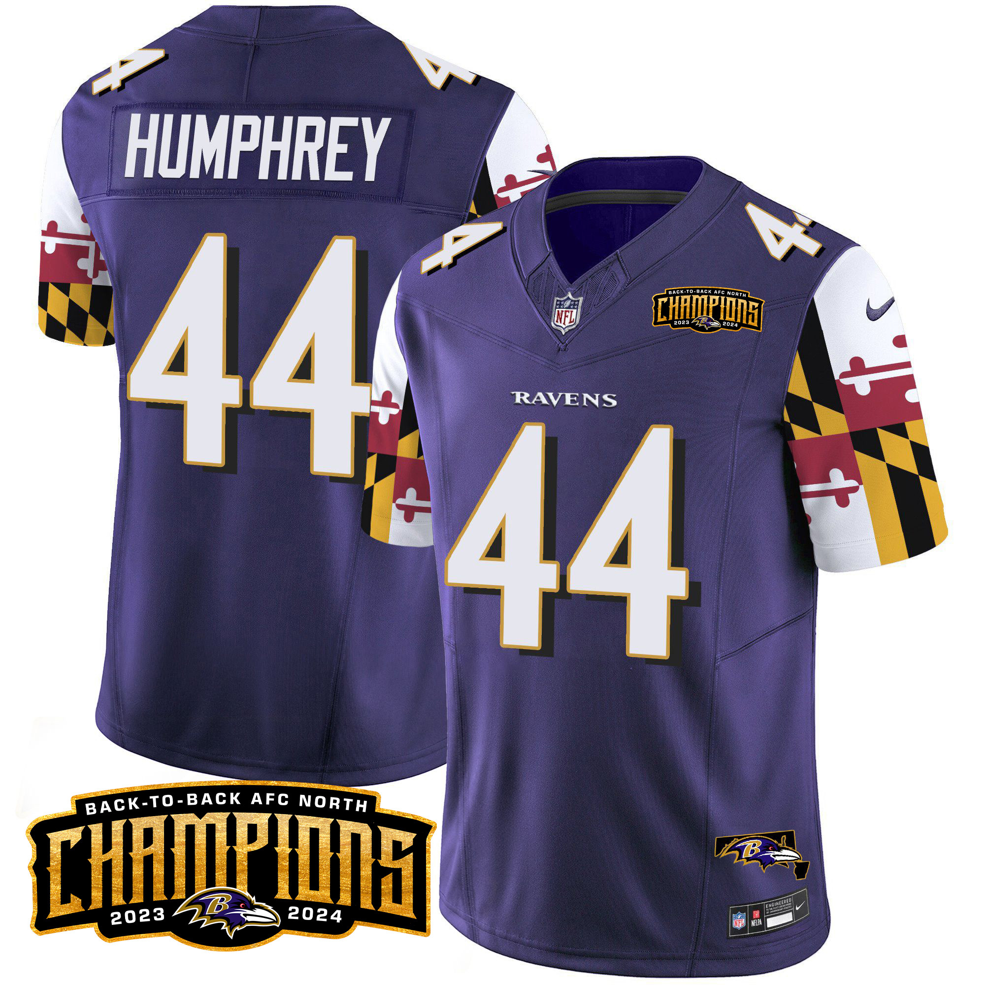 Men's Marlon Humphrey Baltimore Ravens Maryland Flag Back To Back AFC North Champions Patch Vapor Limited Purple Jersey - All Stitched