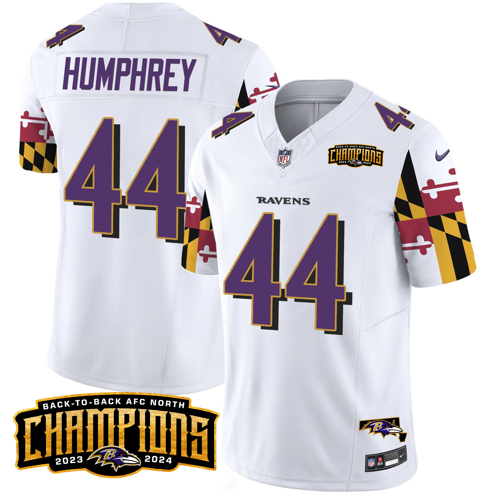 Men's Marlon Humphrey Baltimore Ravens Maryland Flag Back To Back AFC North Champions Patch Vapor Limited White Jersey - All Stitched