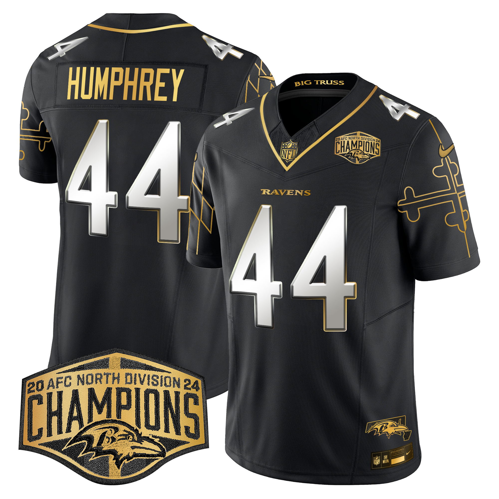 Men's Marlon Humphrey Baltimore Ravens Maryland Flag Map 2024 AFC North Division Champions Patch Gold Vapor Limited Black Limited Jersey - All Stitched