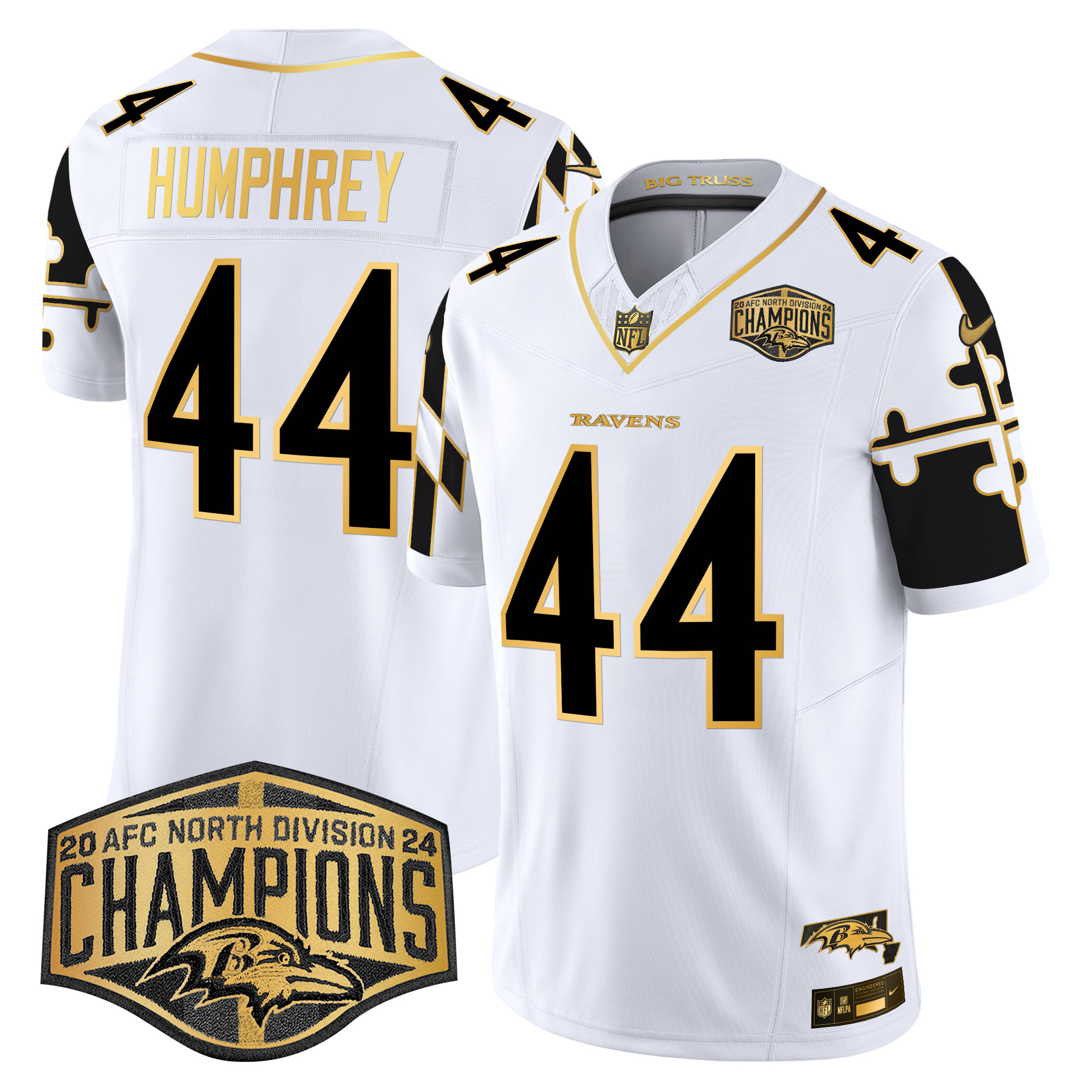 Men's Marlon Humphrey Baltimore Ravens Maryland Flag Map 2024 AFC North Division Champions Patch Gold Vapor Limited White Gold Jersey - All Stitched