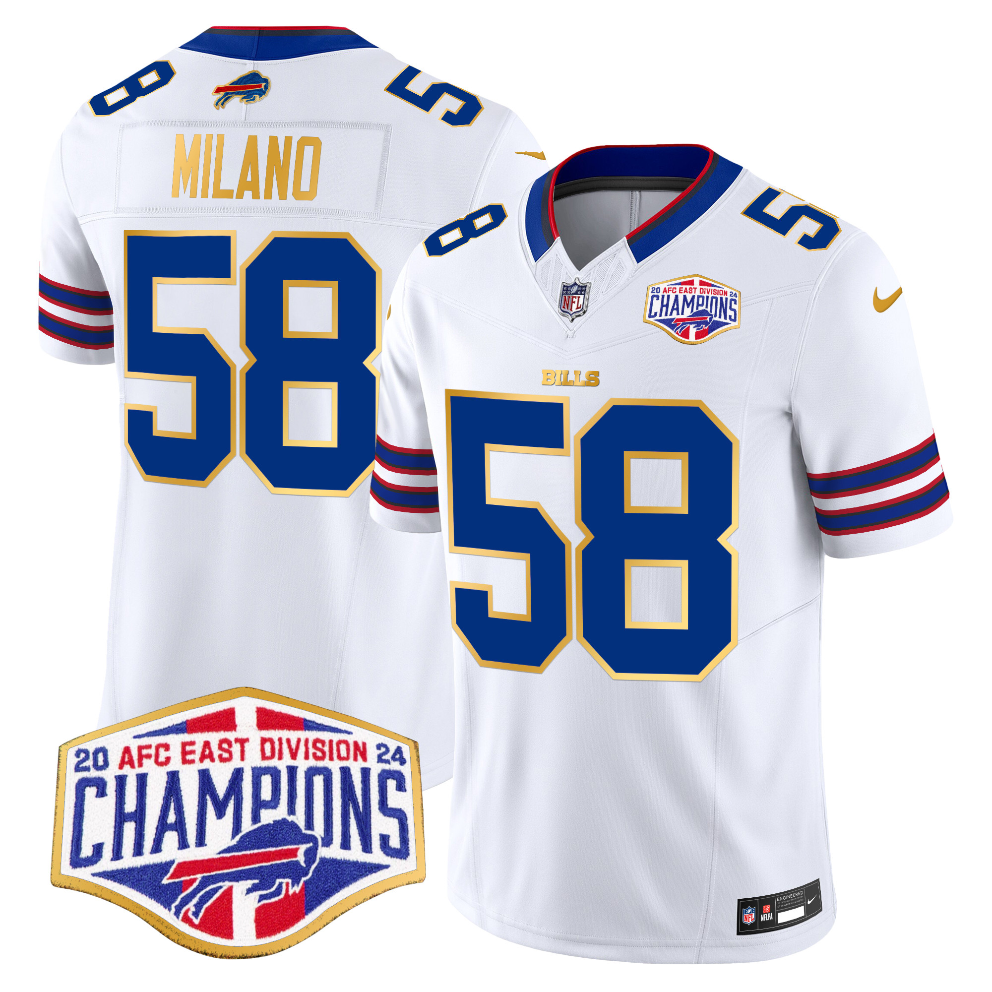 Men's Matt Milano Buffalo Bills 2024 AFC East Division Champions Gold Trim Vapor Limited White Jersey - All Stitched