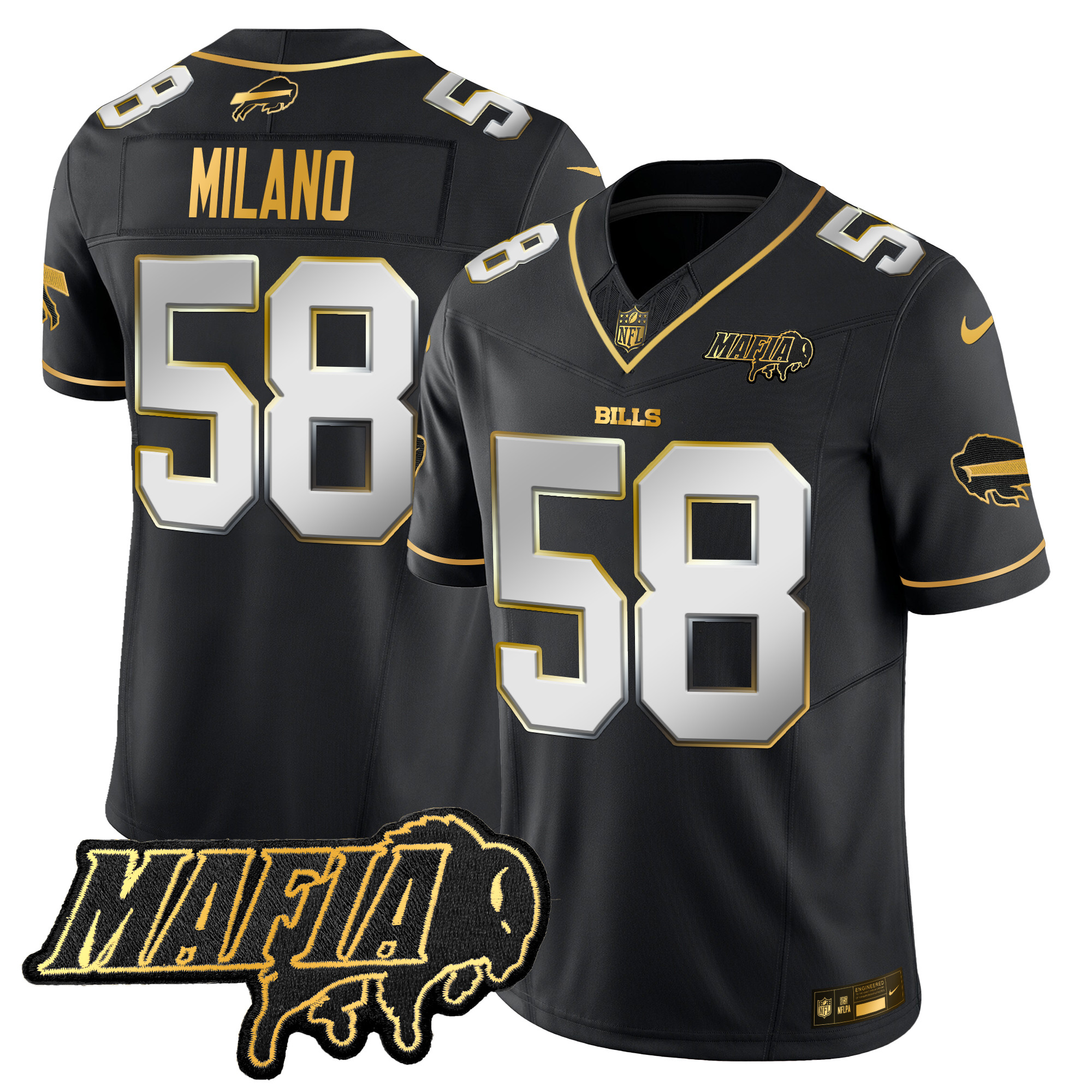 Men's Matt Milano Buffalo Bills 2024 Buffalo Bills Mafia Patch Gold Vapor Limited Black Limited Jersey - All Stitched