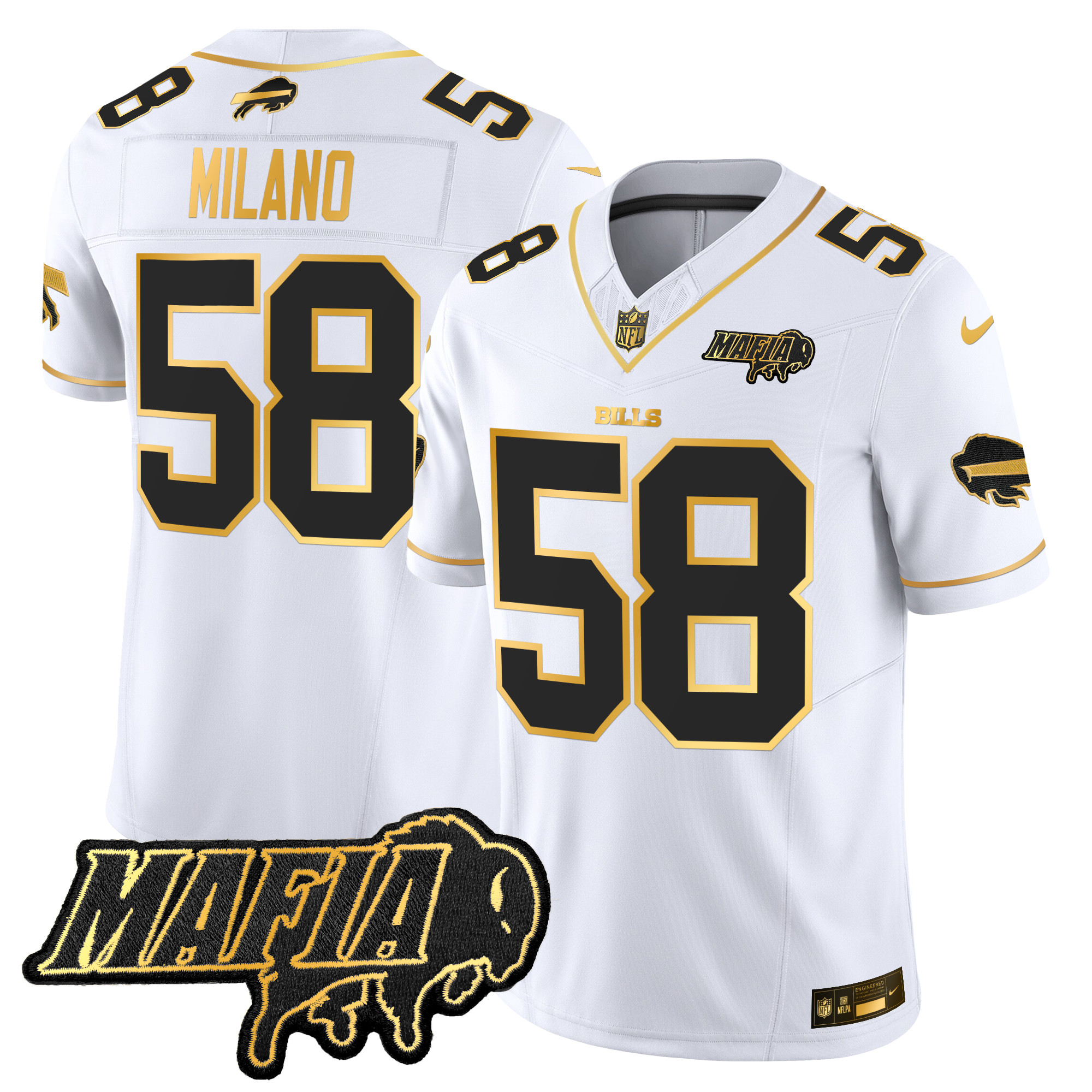 Men's Matt Milano Buffalo Bills 2024 Buffalo Bills Mafia Patch Gold Vapor Limited White Gold Jersey - All Stitched