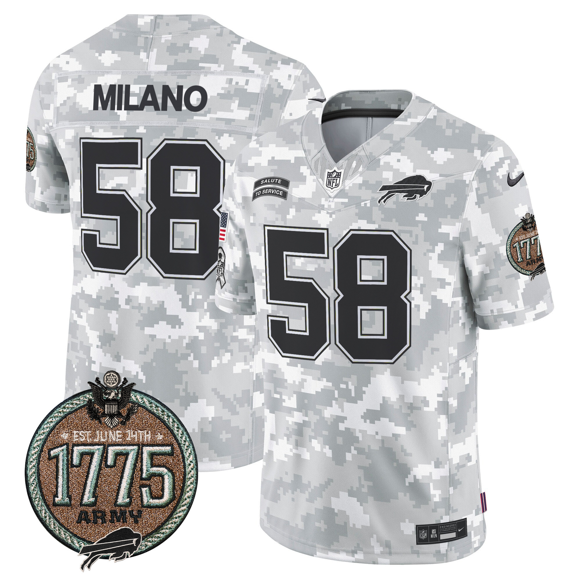 Men's Matt Milano Buffalo Bills 2024 Salute to Service Establishment Year Patch Vapor Limited Army Jersey - All Stitched