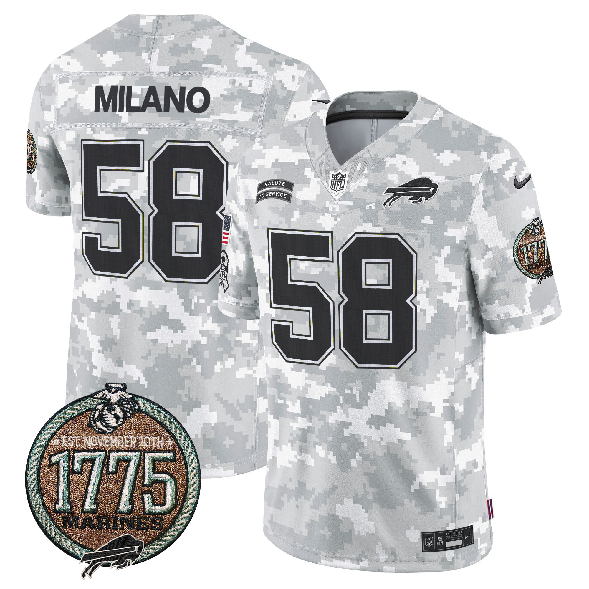 Men's Matt Milano Buffalo Bills 2024 Salute to Service Establishment Year Patch Vapor Limited Marines Jersey - All Stitched