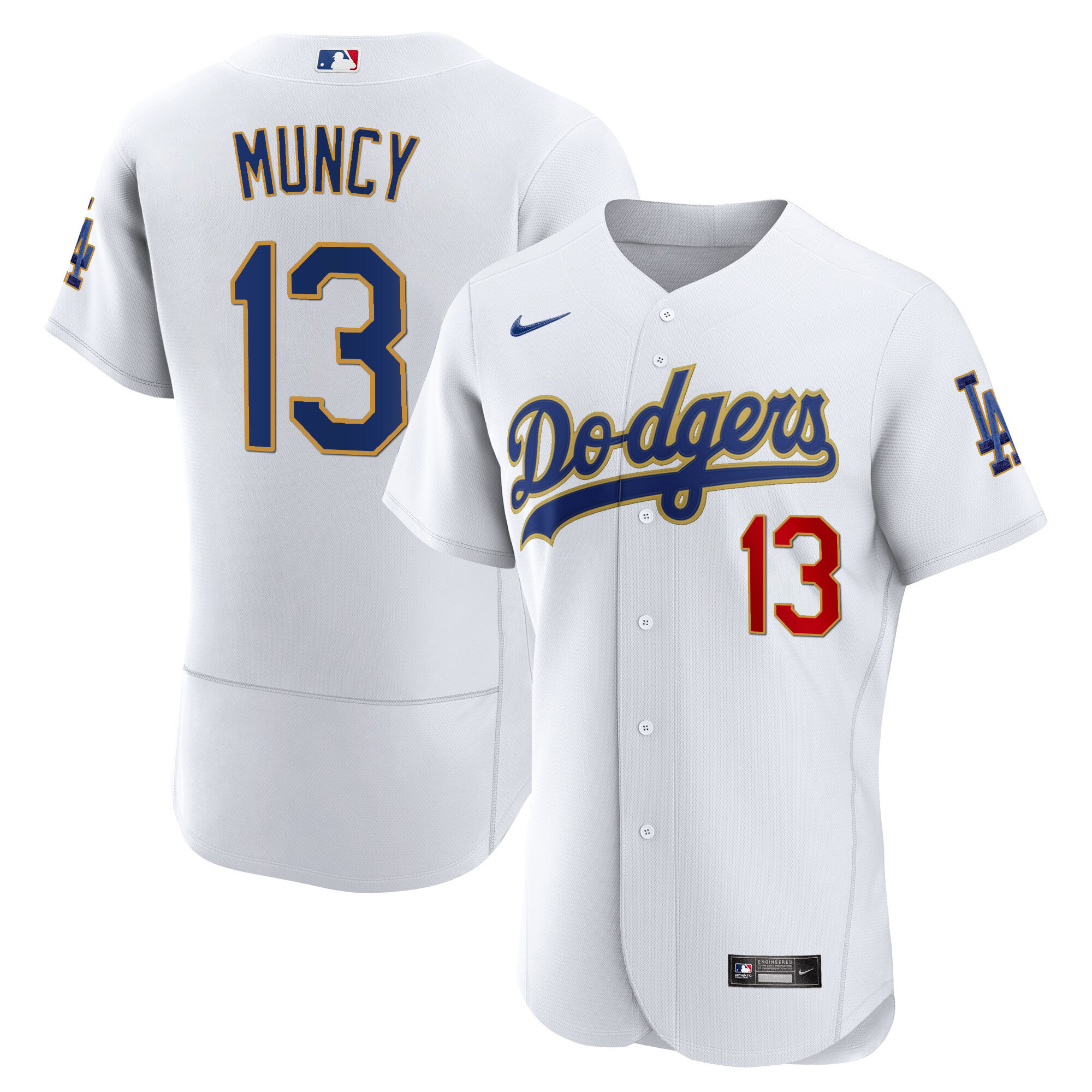 Men's Max Muncy Los Angeles Dodgers Gold Trim Flex Base White Jersey - All Stitched
