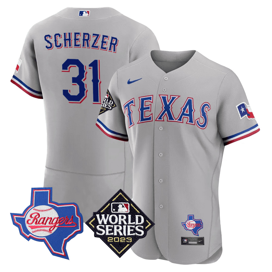 Men's Max Scherzer Texas Rangers Texas State & 2023 World Series Patch Jersey - All Stitched - Grey