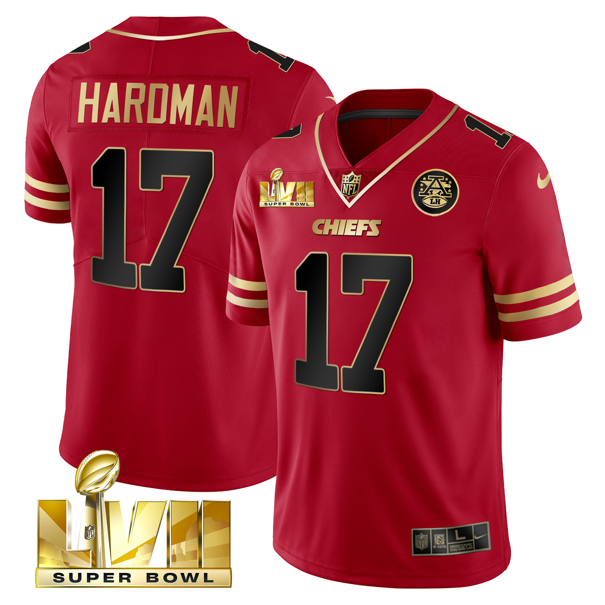 Men's Mecole Hardman Kansas City Chiefs Super Bowl LVII Gold Trim Vapor Black Red Jersey - All Stitched