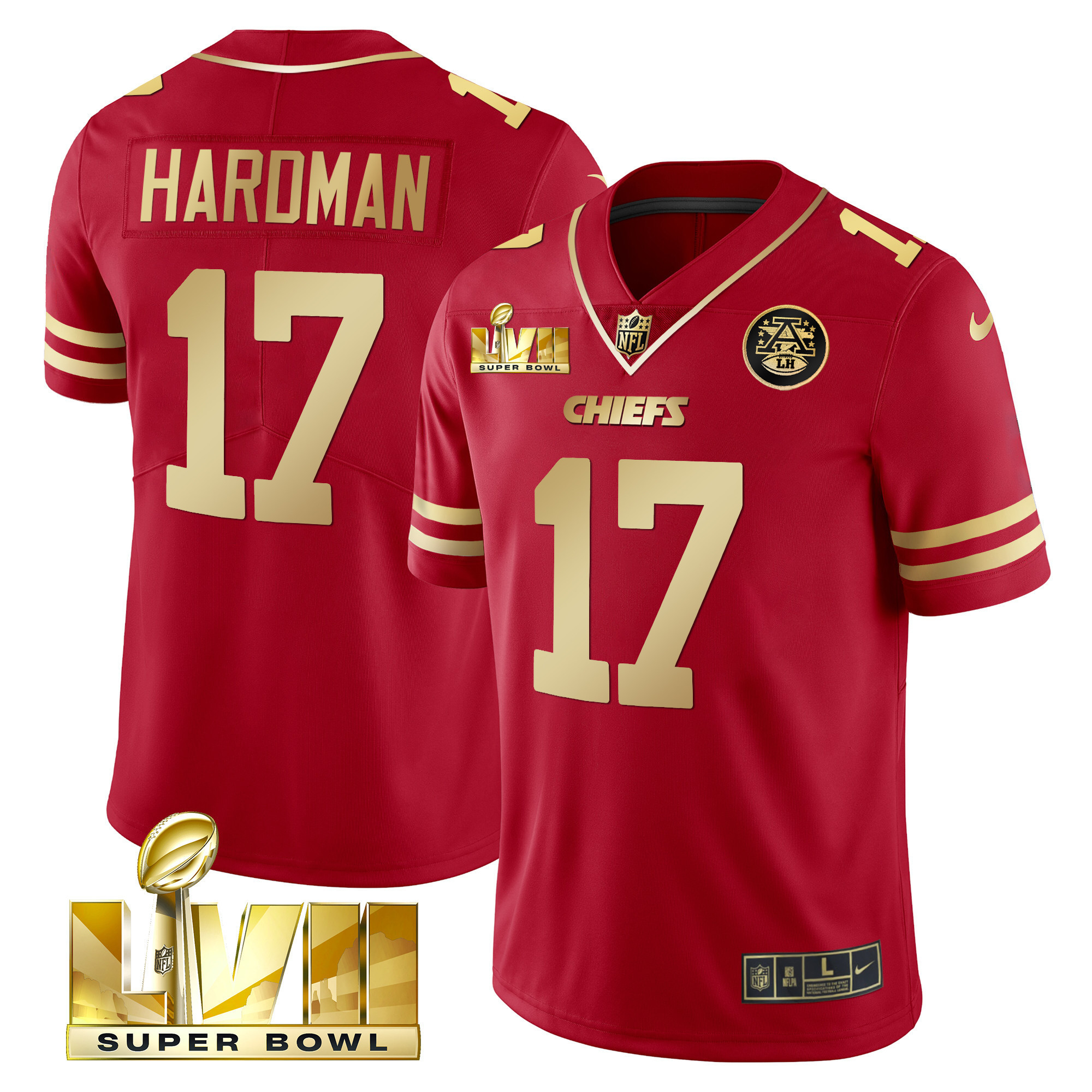 Men's Mecole Hardman Kansas City Chiefs Super Bowl LVII Gold Trim Vapor Red Gold Jersey - All Stitched