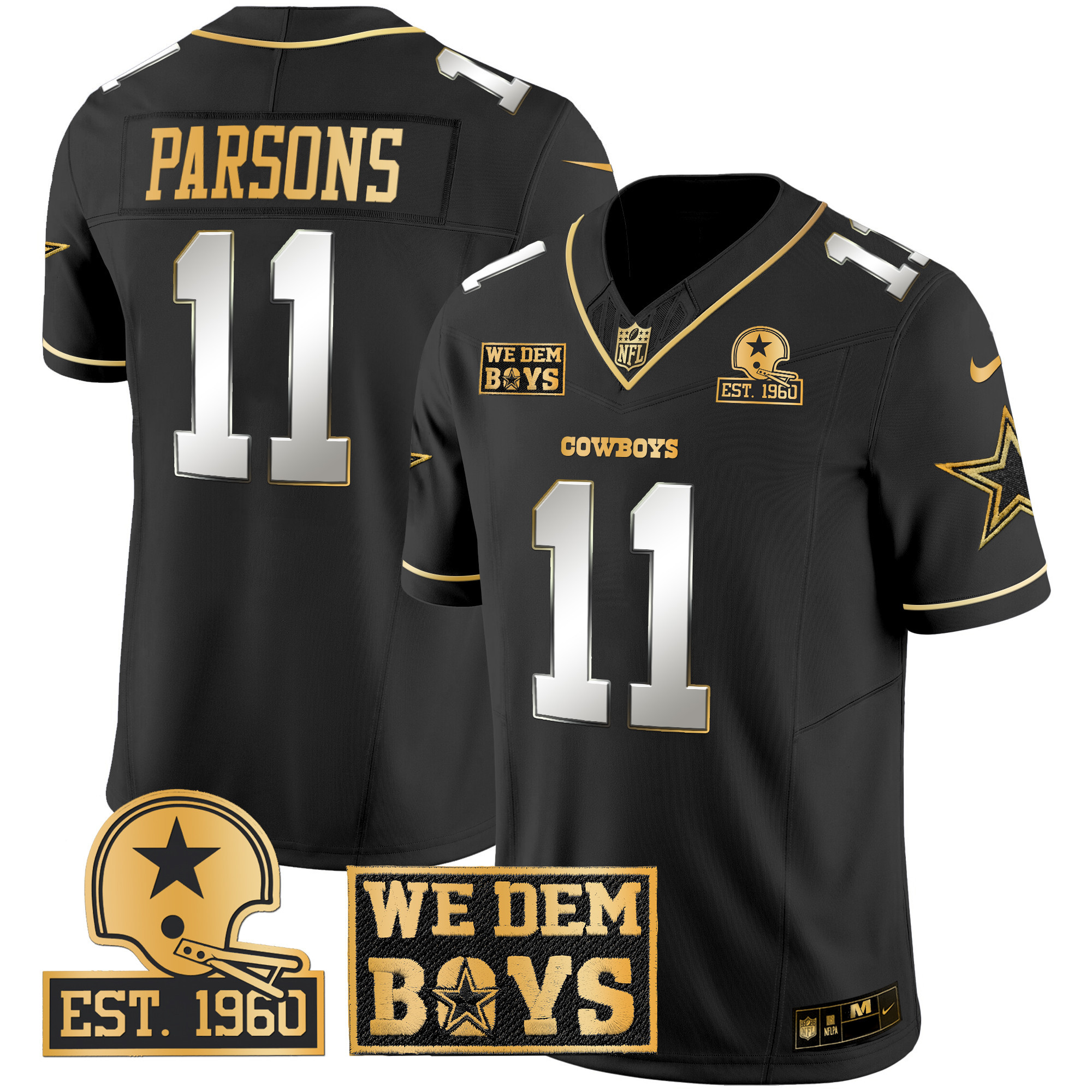 Men's Micah Parsons Dallas Cowboys Est. 1960 & We Dem Boyz Patch Gold Vapor Limited Black Limited Jersey - All Stitched