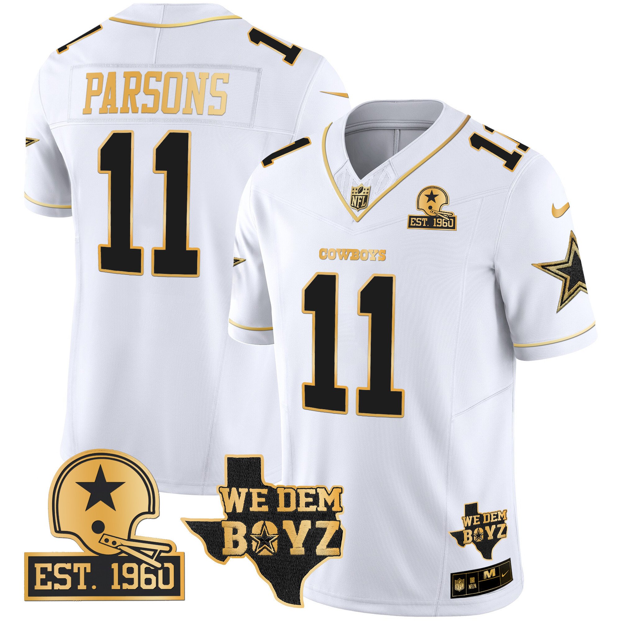 Men's Micah Parsons Dallas Cowboys Est. 1960 & We Dem Boyz Patch Gold Vapor Limited White Gold Jersey V2 - All Stitched