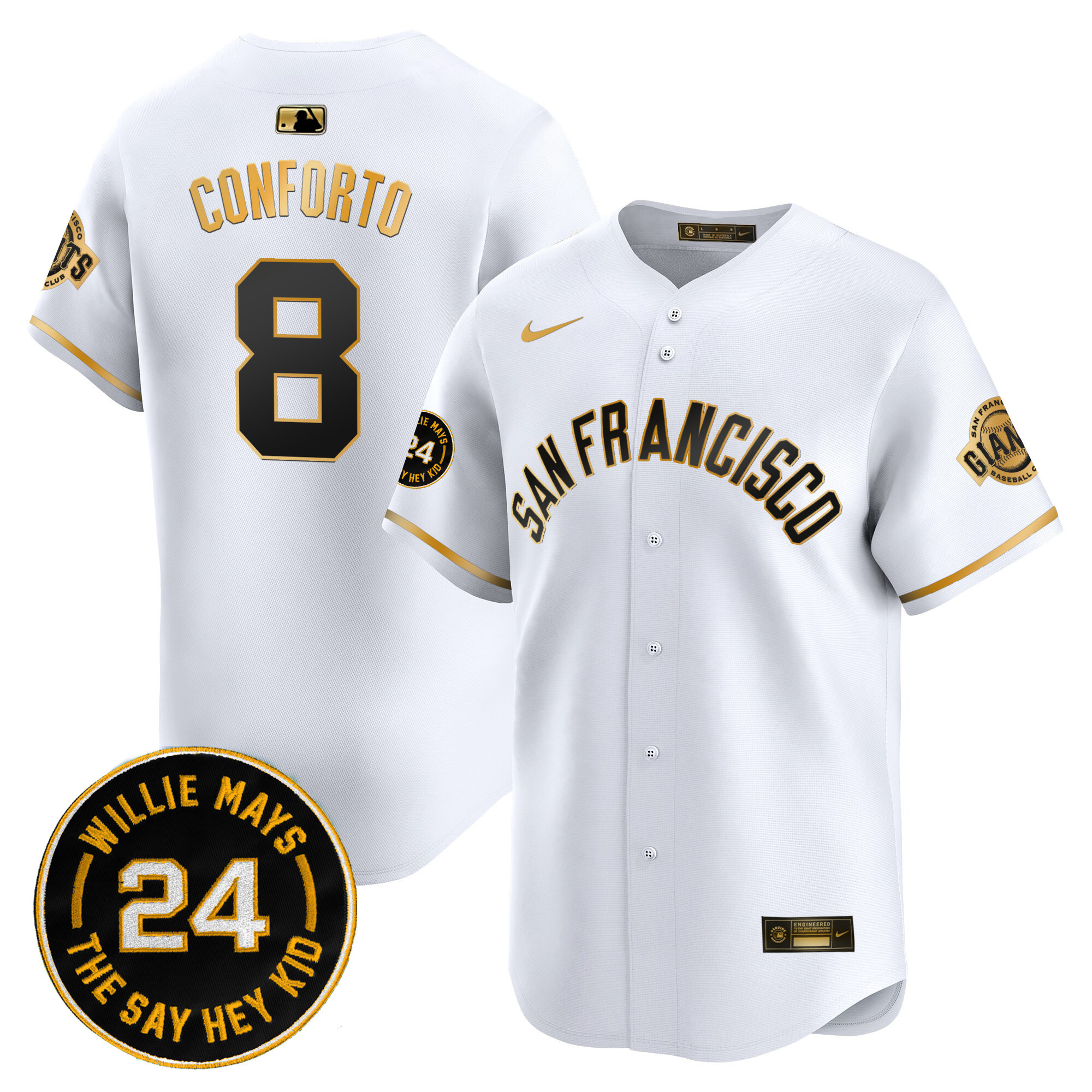 Men's Michael Conforto San Francisco Giants 2024 Willie Mays Patch Vapor Premier Limited White Gold Jersey V5 - All Stitched