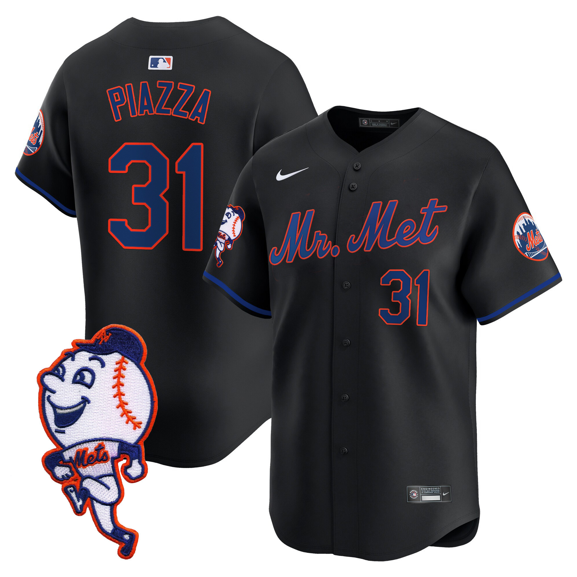 Men's Mike Piazza New York Mets Mr. Met Patch Vapor Premier Limited Black Jersey - All Stitched