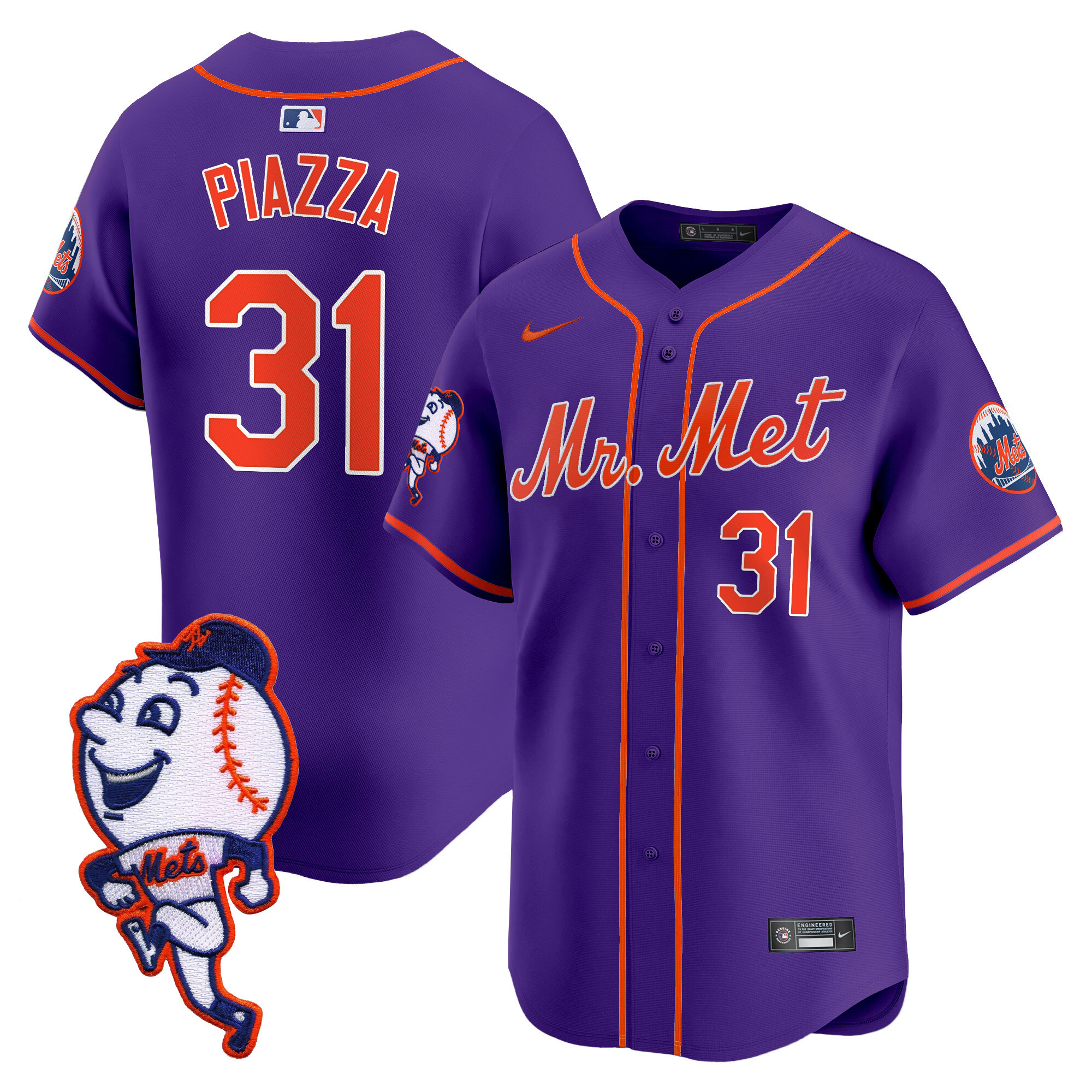 Men's Mike Piazza New York Mets Mr. Met Patch Vapor Premier Limited Purple Jersey - All Stitched